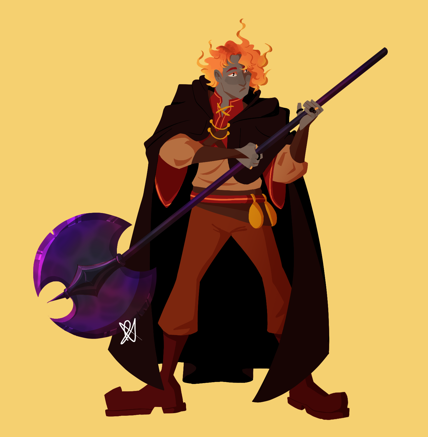 A fullbody illustration of a man with grey skin and orange curly hair, reminiscent of fire. He is wearing a dark cloak over red and brown adventuring clothes, and is weilding a long-handled battleaxe.