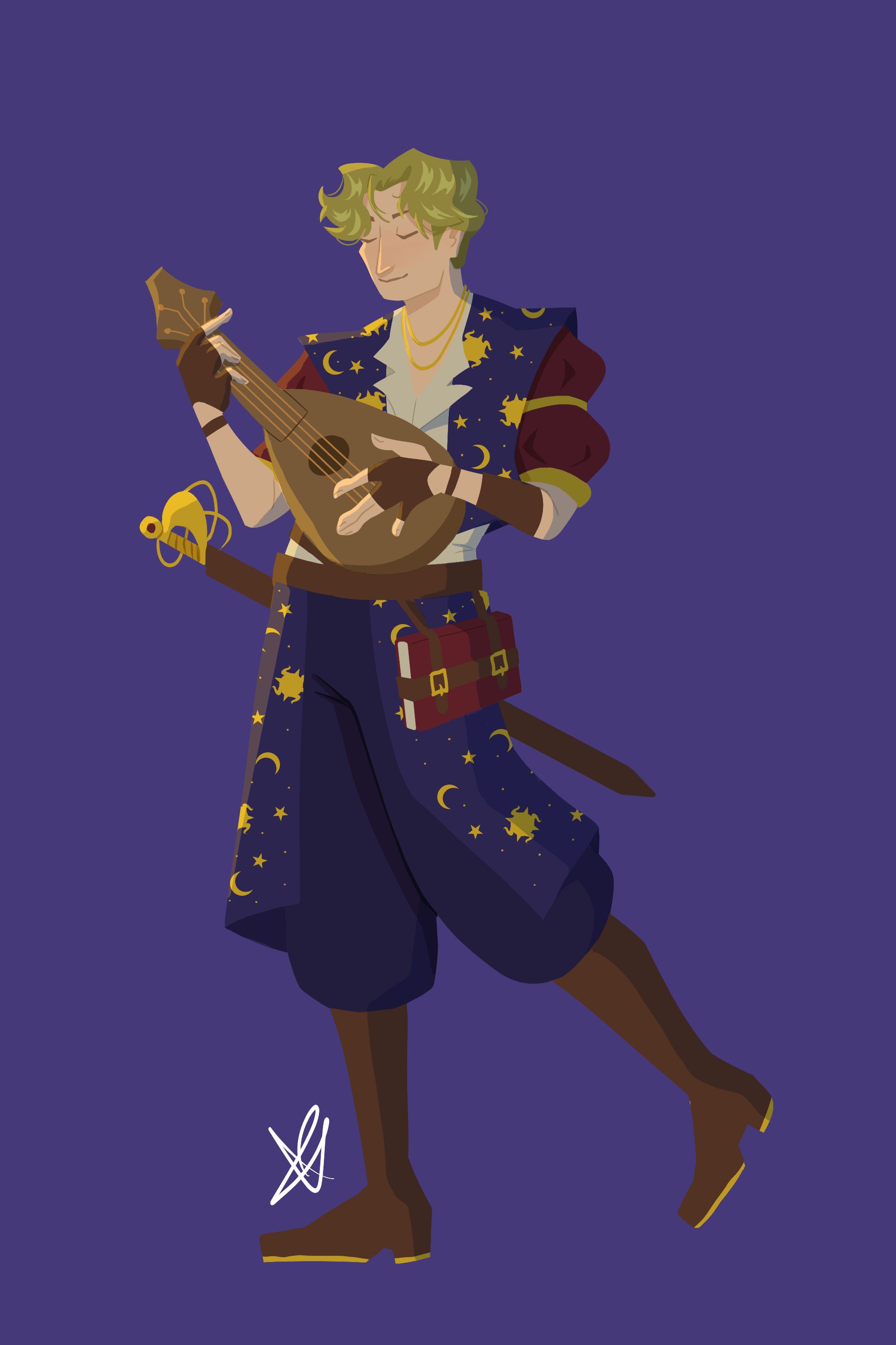 A fullbody illustration of a pale man with short wavy blond hair. He is wearing fantasy inspired performer's clothes in navy and dark red. His head is tilted down with his eyes closed and he is smiling while playing a lute.