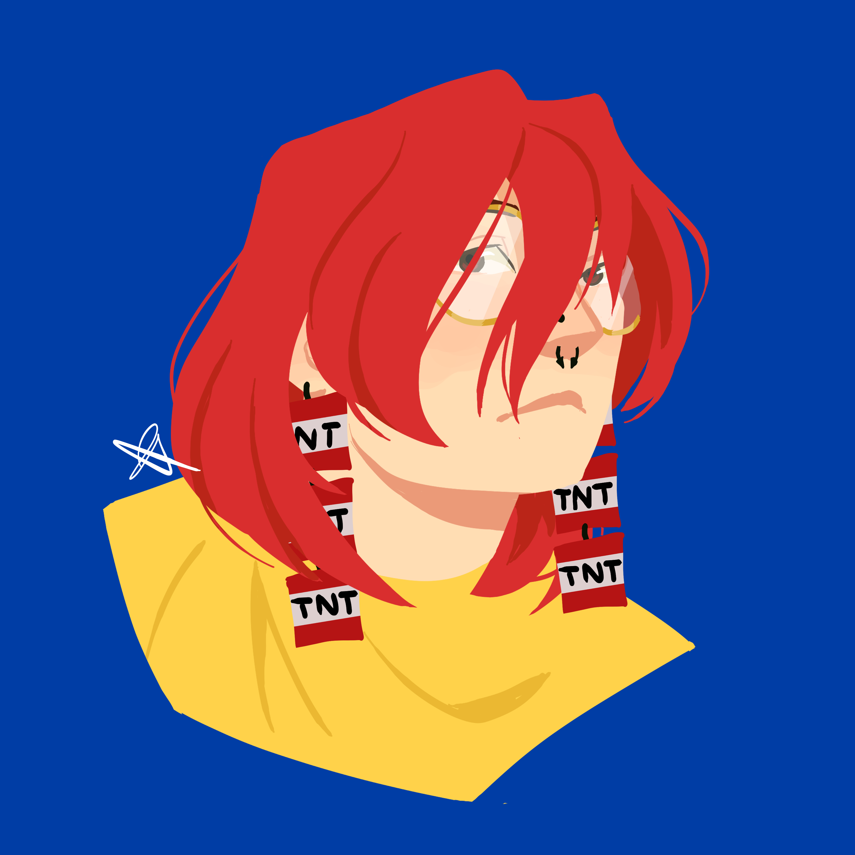 A bust drawing of a person with shoulder length red hair and glasses. He is wearing a yellow shirt and earrings depicting TNT blocks from Minecraft.