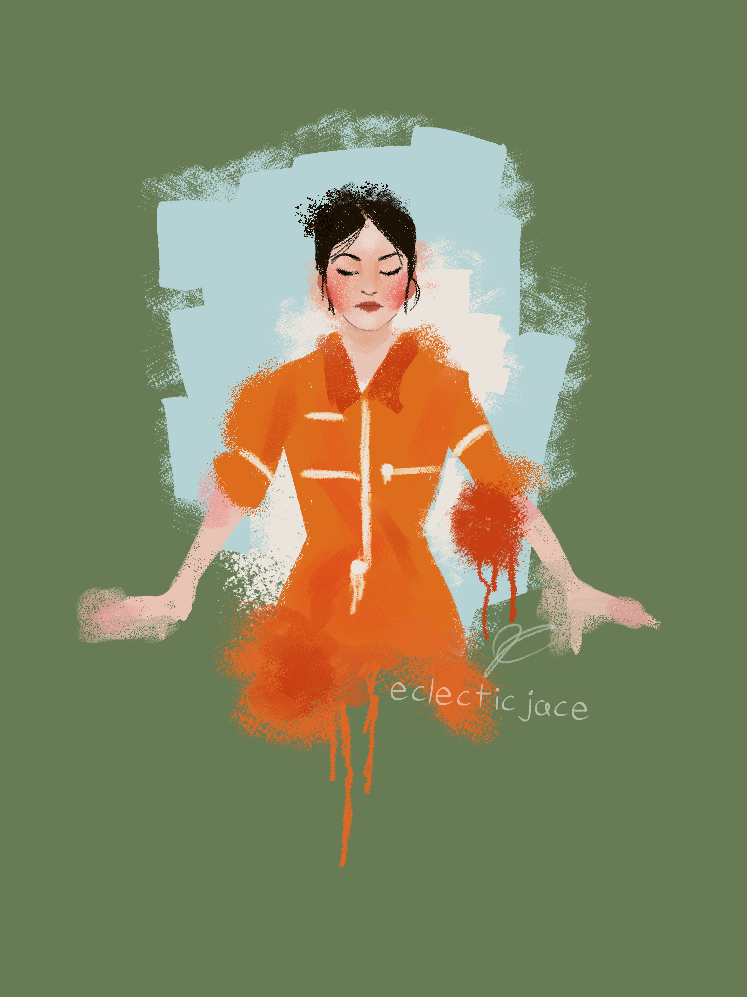 The mural of Chell from the previous piece. She is dressed in an orange jumpsuit and has her hands outstretched and her eyes closed.