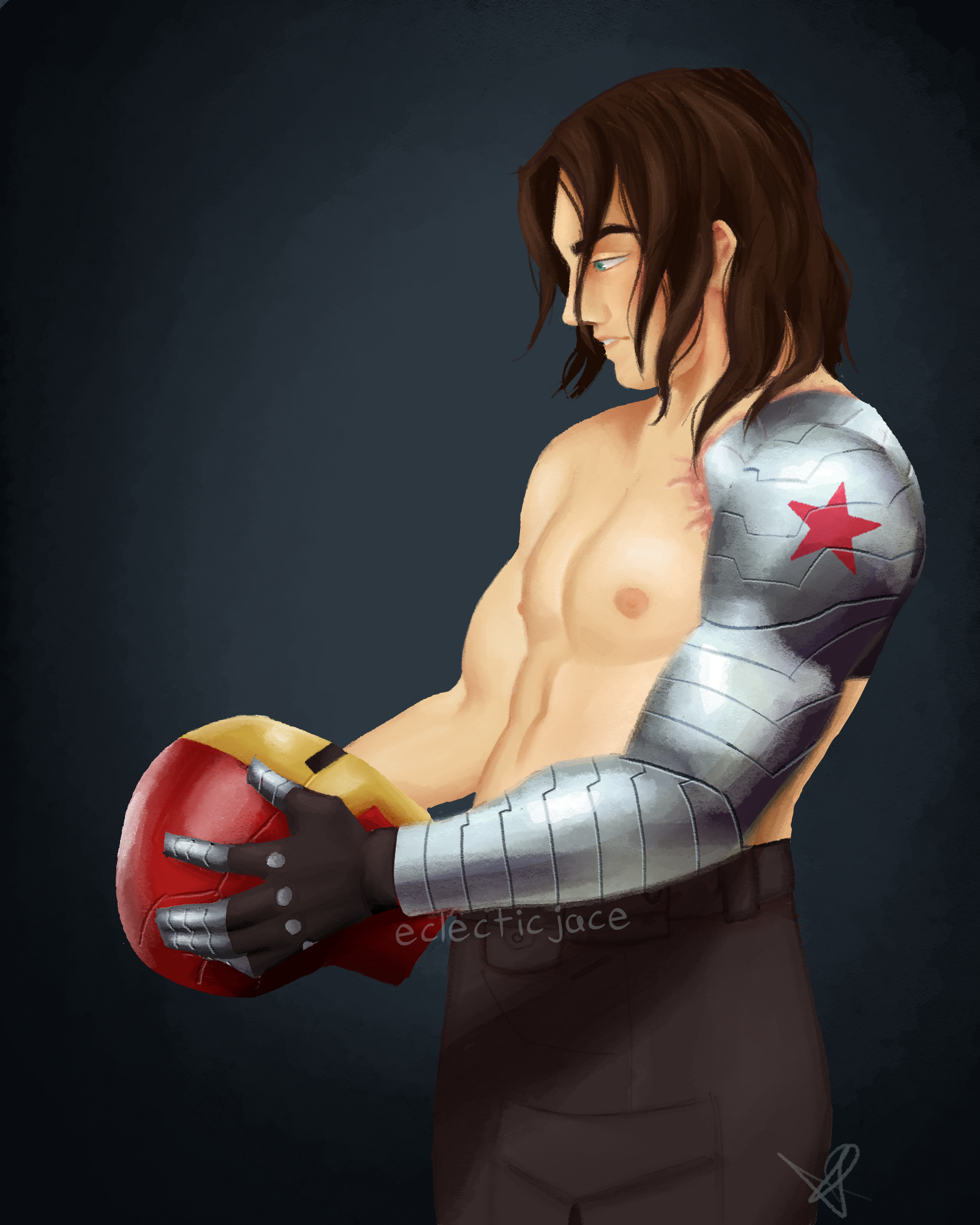 A digital painting of the Winter Soldier, shirtless and holding Iron Man's helmet.