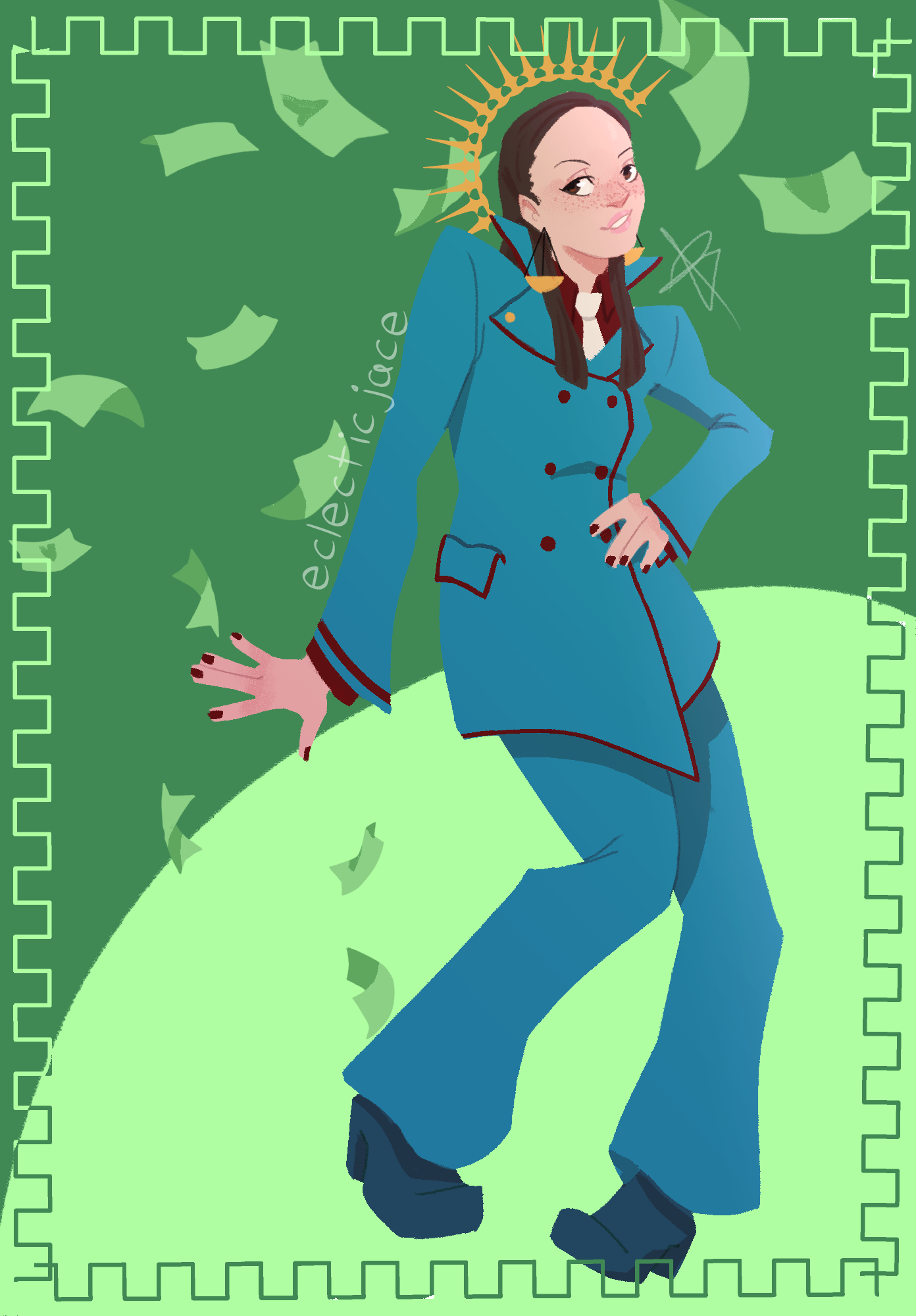 A lineless drawing of Calisto Yew from Ace Attorney, in a modified pose referencing Tony Viramontes' 'Body Conscious'. She has a gold half halo of spikes around her head and bits of paper money are flying behind her.