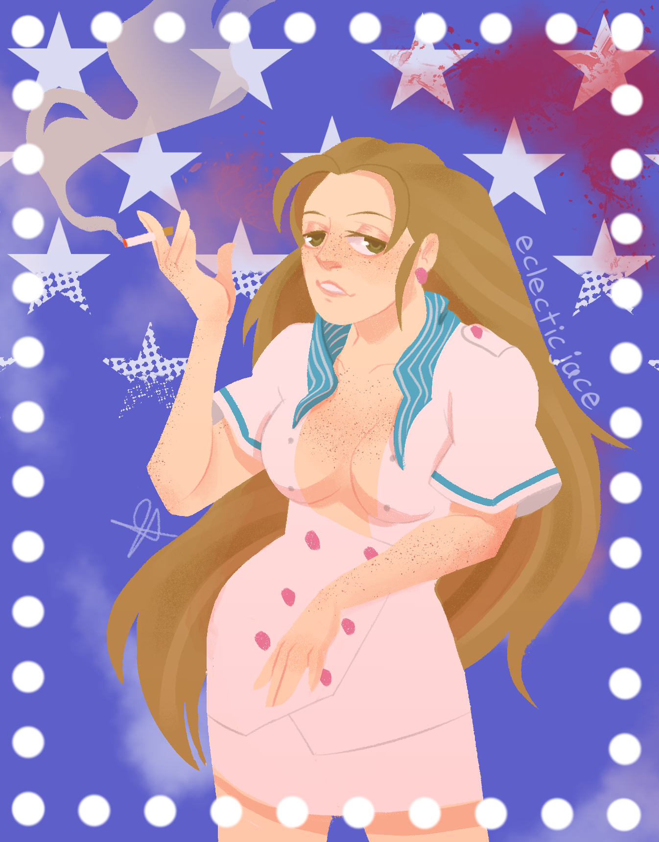 A digital drawing of Cammy Meele from Ace Attorney Investigations. She is looking at the viewer with a cigarette in one hand. Her scarf is undone. The blue background is decorated with clouds, blood, halftone stars, and a border of circles.