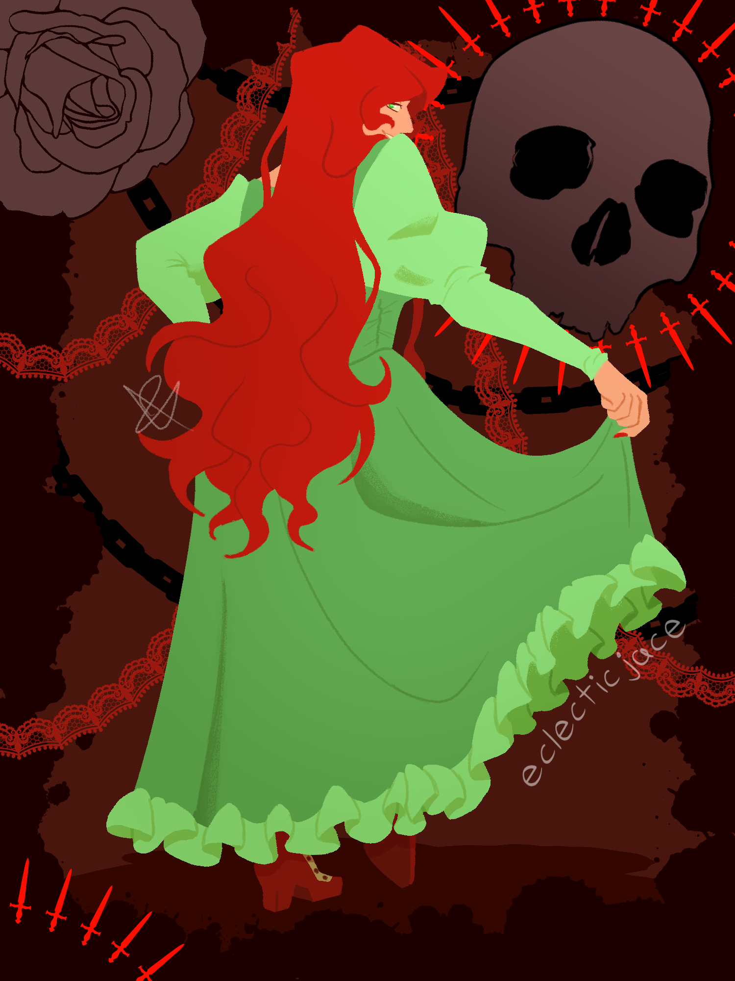 A lineless digital drawing of Grell Sutcliff from Kuroshitsuji. She has her back to the viewer, but is smiling over her shoulder. She is wearing a pseudo Victorian style dress in bright green. The background is embellished with roses, skulls, chains, lace, and knives.
