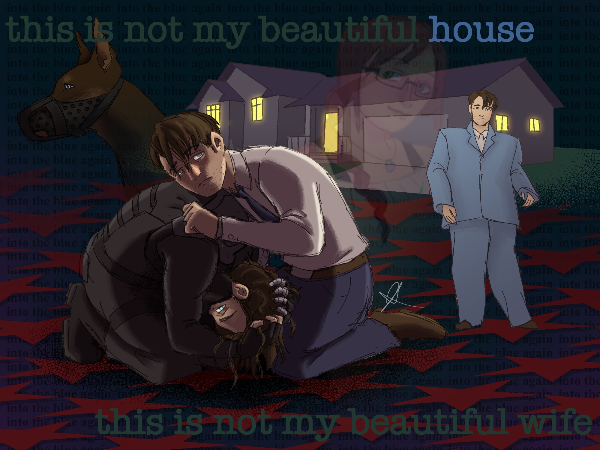 A surreal drawing of multiples of Bucky Barnes in front of a single story house. One is short haired in business casual attire, kneeling and clutching at a hunched over Winter Soldier, who is glaring at the camera. They are on a floor of red stars, with a muzzled doberman and a smaller Bucky in the large suit from Talking Heads' Once In A Lifetime music video behind them. A faint apparition of Natasha is visible over the house.