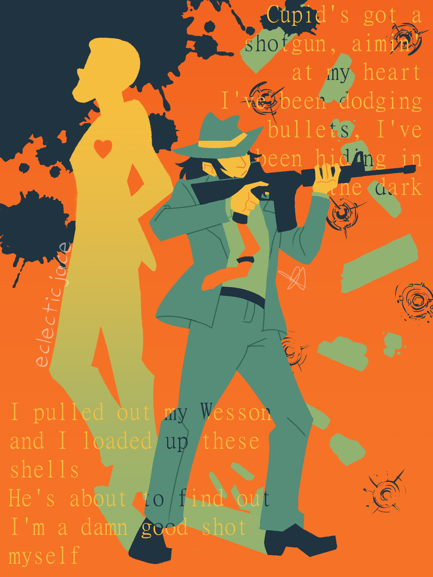 A lineless drawing of Daisuke Jigen from Lupin the Third, done in a limited palette of yellow, orange, teal, and blue. Jigen is aiming a rifle off screen, with his shadow casting a silhouette of Lupin with a heart in his chest. The background consists of dark splatters, destroyed bricks, bullet holes, and the lyrics to Carrie Underwood's ”Cupid's Got A Shotgun”.