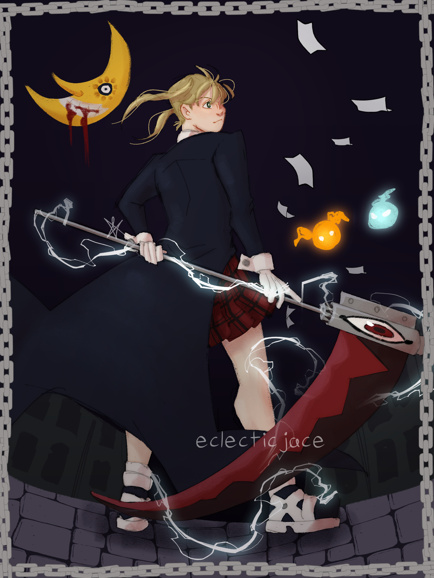 A digital drawing of Maka Albarn from Soul Eater, standing on a dark street at night. She is holding Soul in his weapon form behind her back. Their souls float off to the side and the moon is laughing behind them, and a chain link border around the whole piece.
