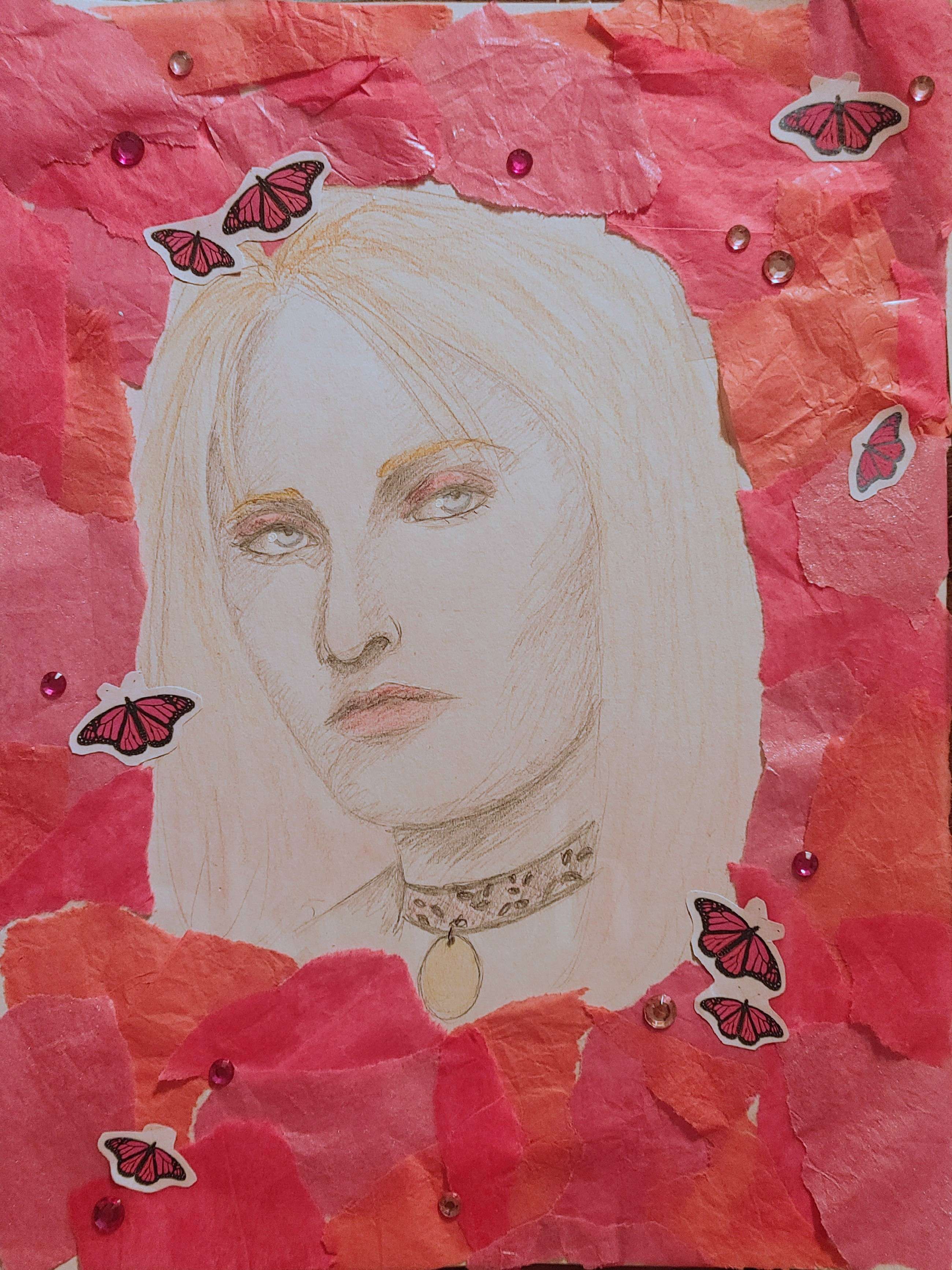 A pencil and chalk portrait of Maria from Silent Hill 2. The background is made up of different shades of pink tissue paper, pink butterfly stickers, and pink gemstones.