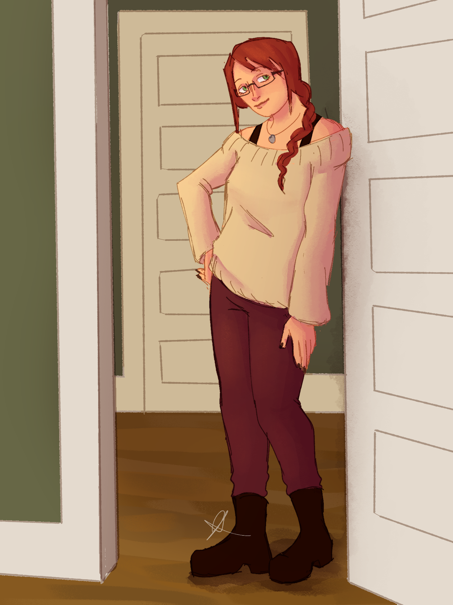 A drawing of Natasha Romanoff standing casually in a doorway. She wears a knit sweater, leggings, boots, and rectangular glasses. Her hair is braided.