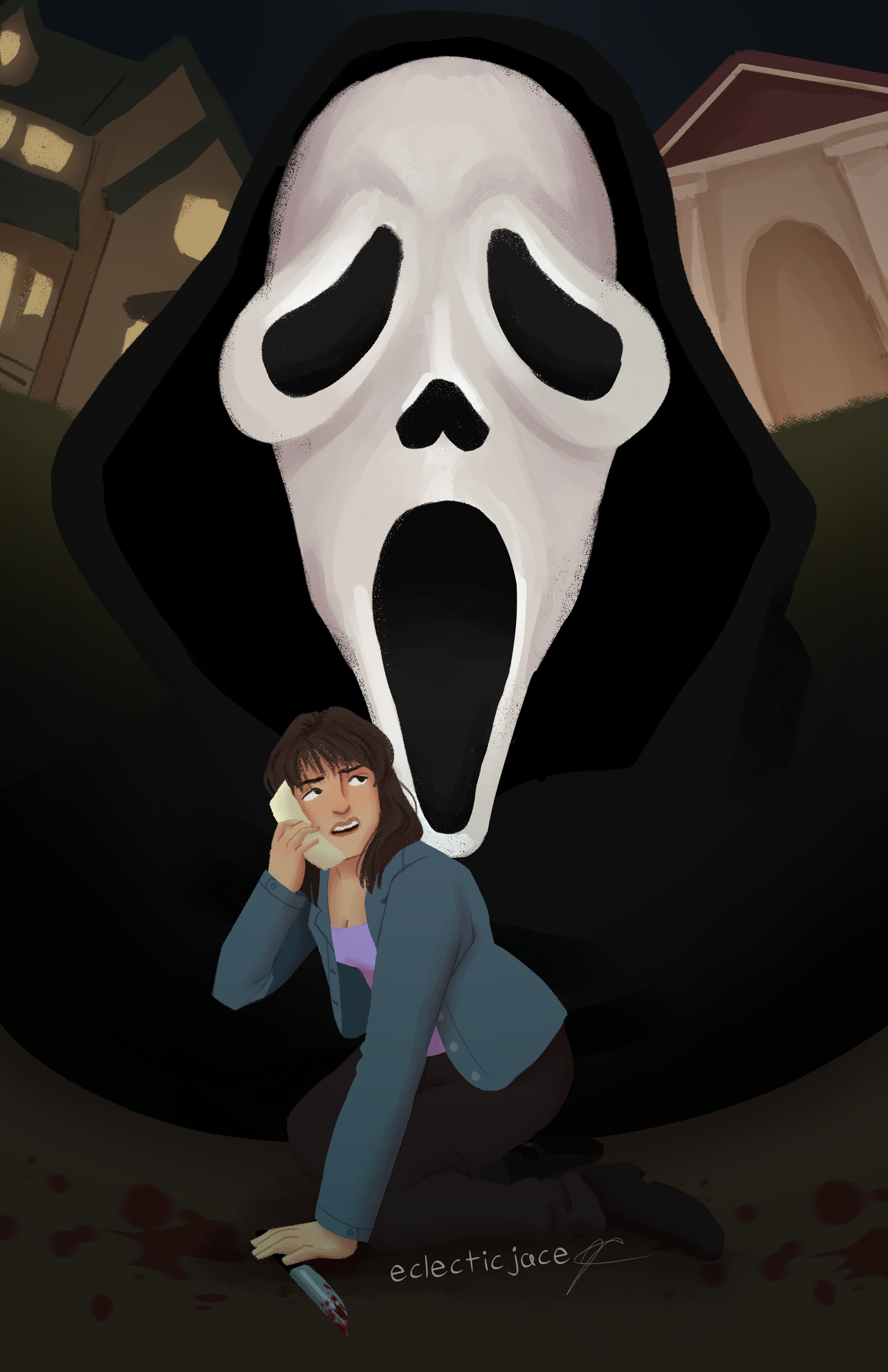 A digital illustration of Ghostface's mask from Scream. Behind it are small drawings of the high school and Stu's house. Sidney is kneeling on the ground in front of the mask, on the phone and holding a knife.