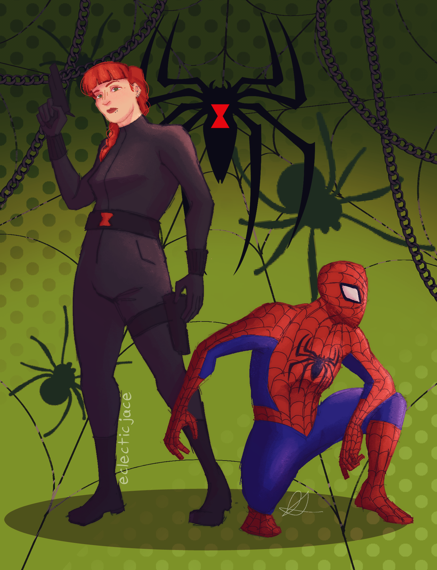 A digital drawing of Black Widow and Spider-Man on a green background. Natasha is standing with a pistol at the ready, and Peter is crouched next to her. Their respective logos are layer behind them on top of a spiderweb.