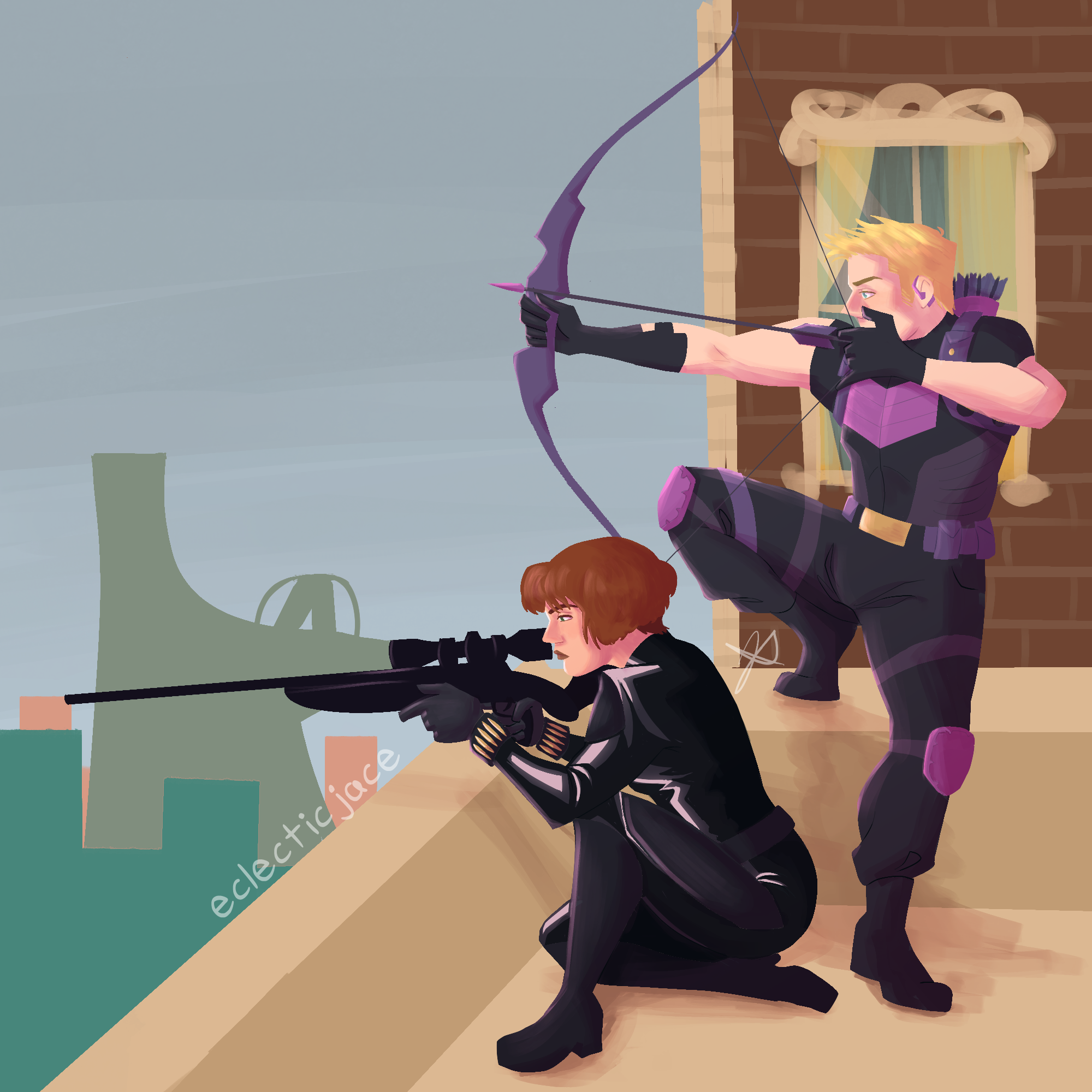 A lineless drawing of Hawkeye and Black Widow on a rooftop overlooking New York. Clint is aiming a bow and Natasha is aiming a rifle. Avengers Tower is visible in the background.