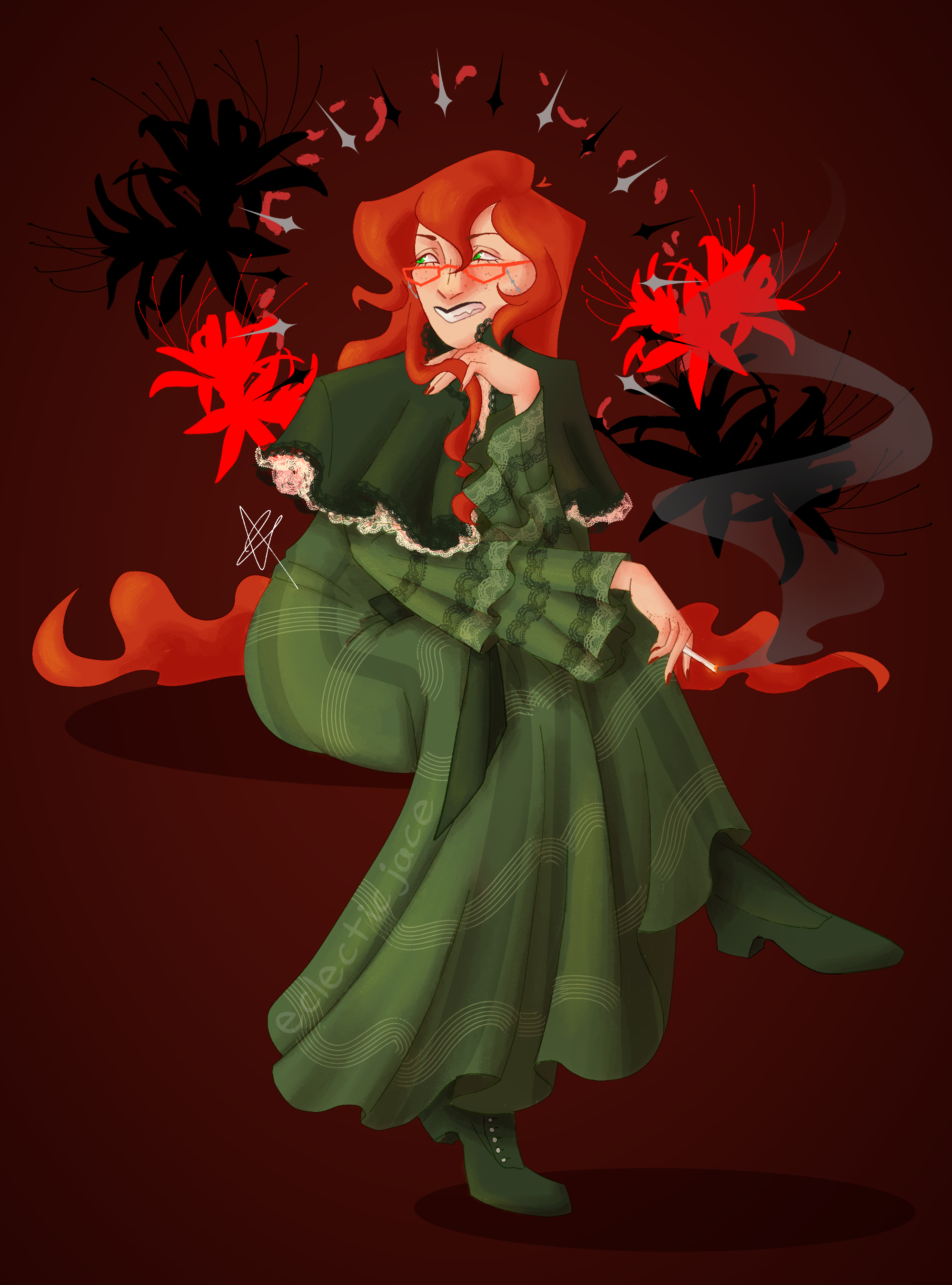 A digital drawing of Grell Sutcliffe. She is wearing a dark green mid-19th century dress, and is sitting with her legs crossed, leaning forward slightly. She has a strand of hair in one hand, and a lit cigarette in the other. She is a surrounded by a halo of spiky diamonds and feathers, with spider lily accents.