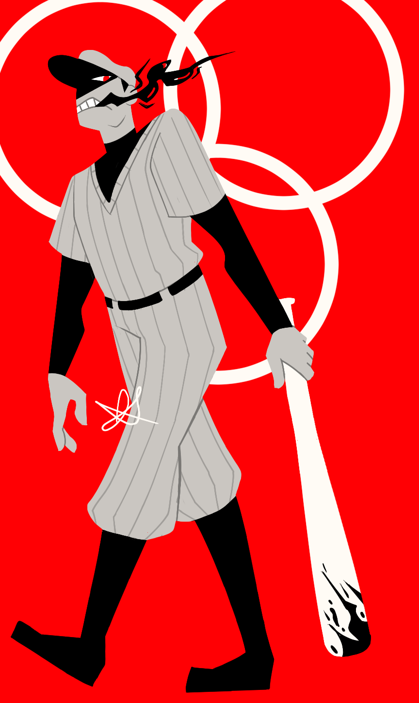 A digital lineless illustration of the Batter from OFF. He is walking and looking down at the viewer. He has black smoke coming from between his teeth and black gunk on the end of his baseball bat. Three Add-Ons float behind him.