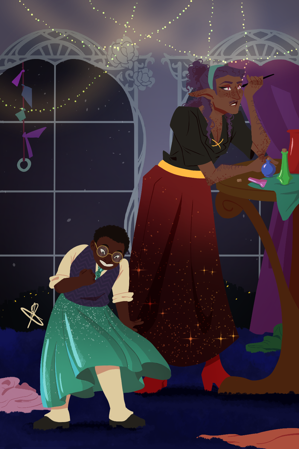 A lineless drawing of Taako and Angus from The Adventure Zone getting ready in Taako’s room. Taako is in a black shirt and red skirt, and is putting on eyeliner. Angus is in a white shirt, purple sweater vest, and a teal skirt.