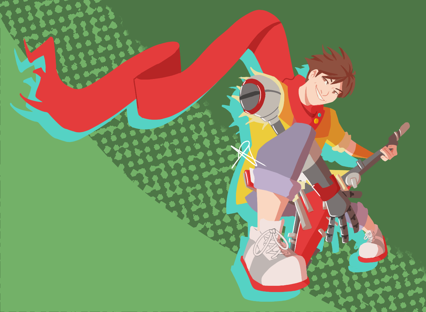 A lineless digital drawing of Chai from Hi-Fi Rush. He is a pale man with shaggy brown hair and brown eyes. He has a robot arm, a yellow jacket, blue jeans, and a long red scarf. He is crouched and holding a guitar made of scrap metal while smiling at the viewer.