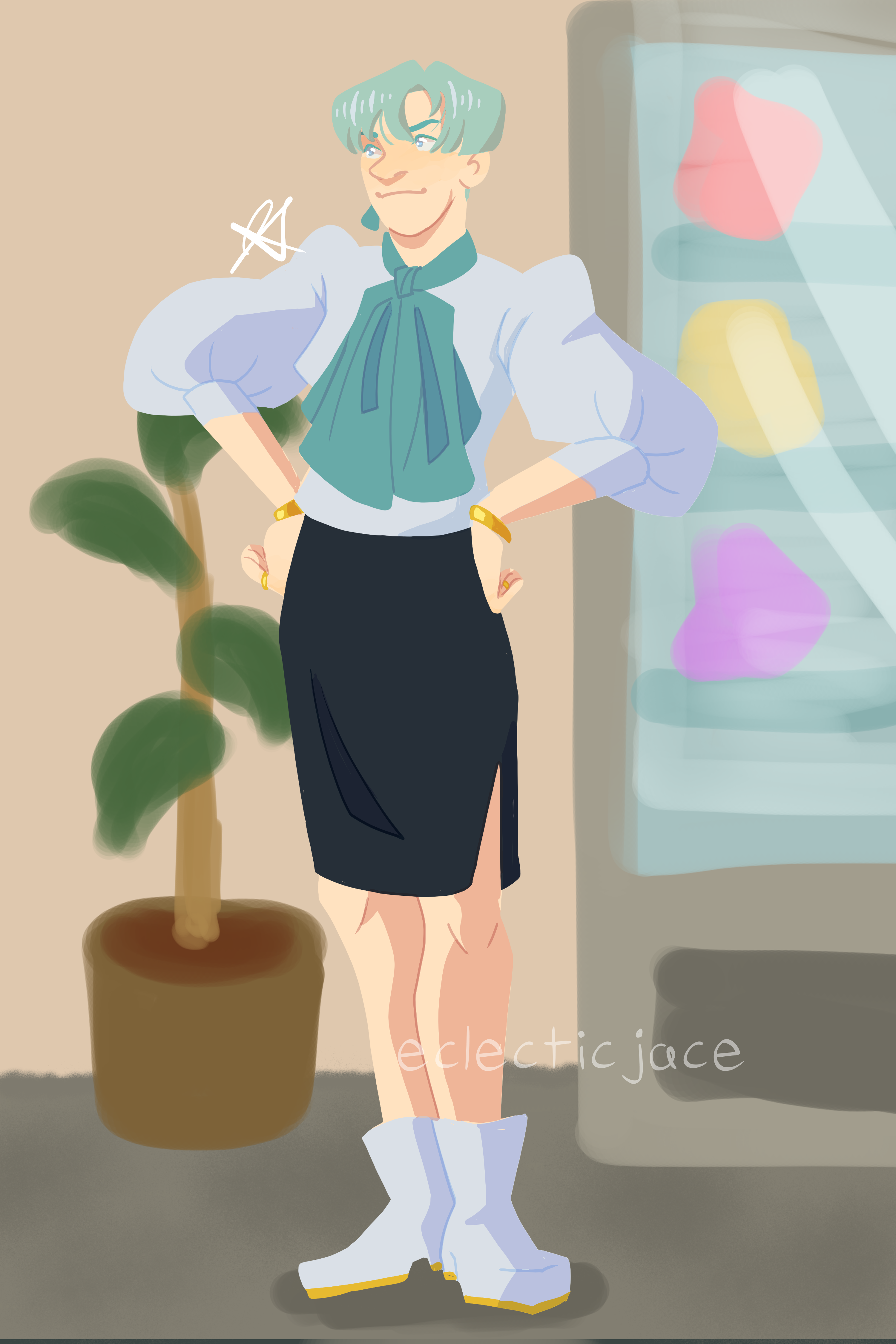 A lineless digital illustration of Franziska from Ace Attorney as an adult, standing in a courthouse hallway, with her hands on her hips.