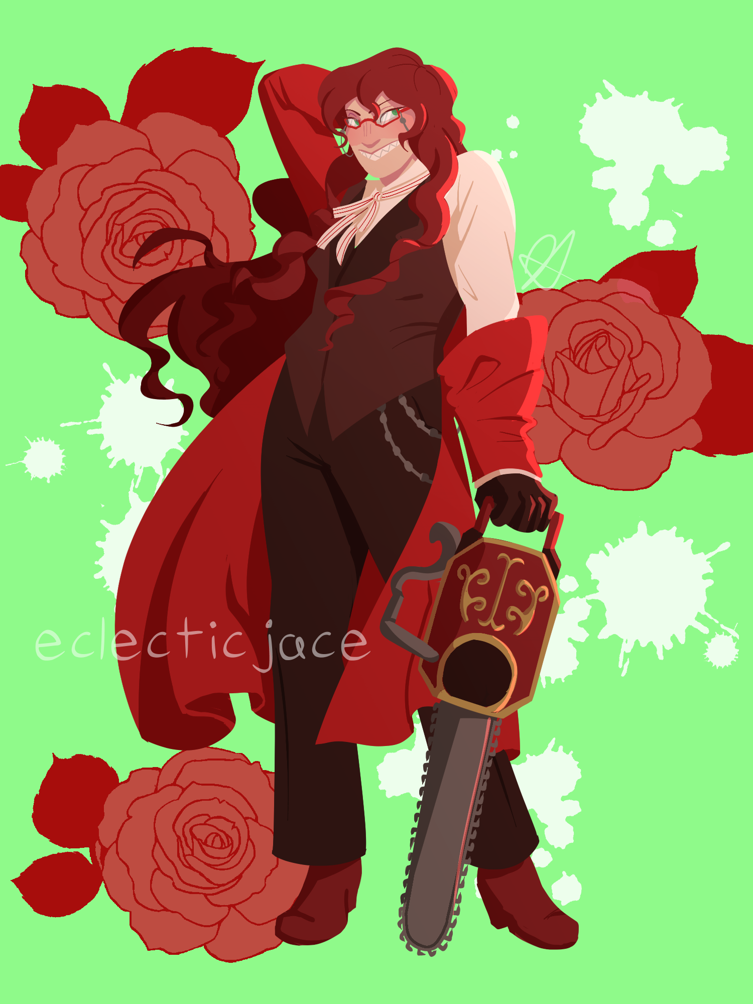 A fullbody drawing of Grell Sutcliff. She is holding her chainsaw with the tip of the blade on the floor, and is reaching her other arm behind her head.