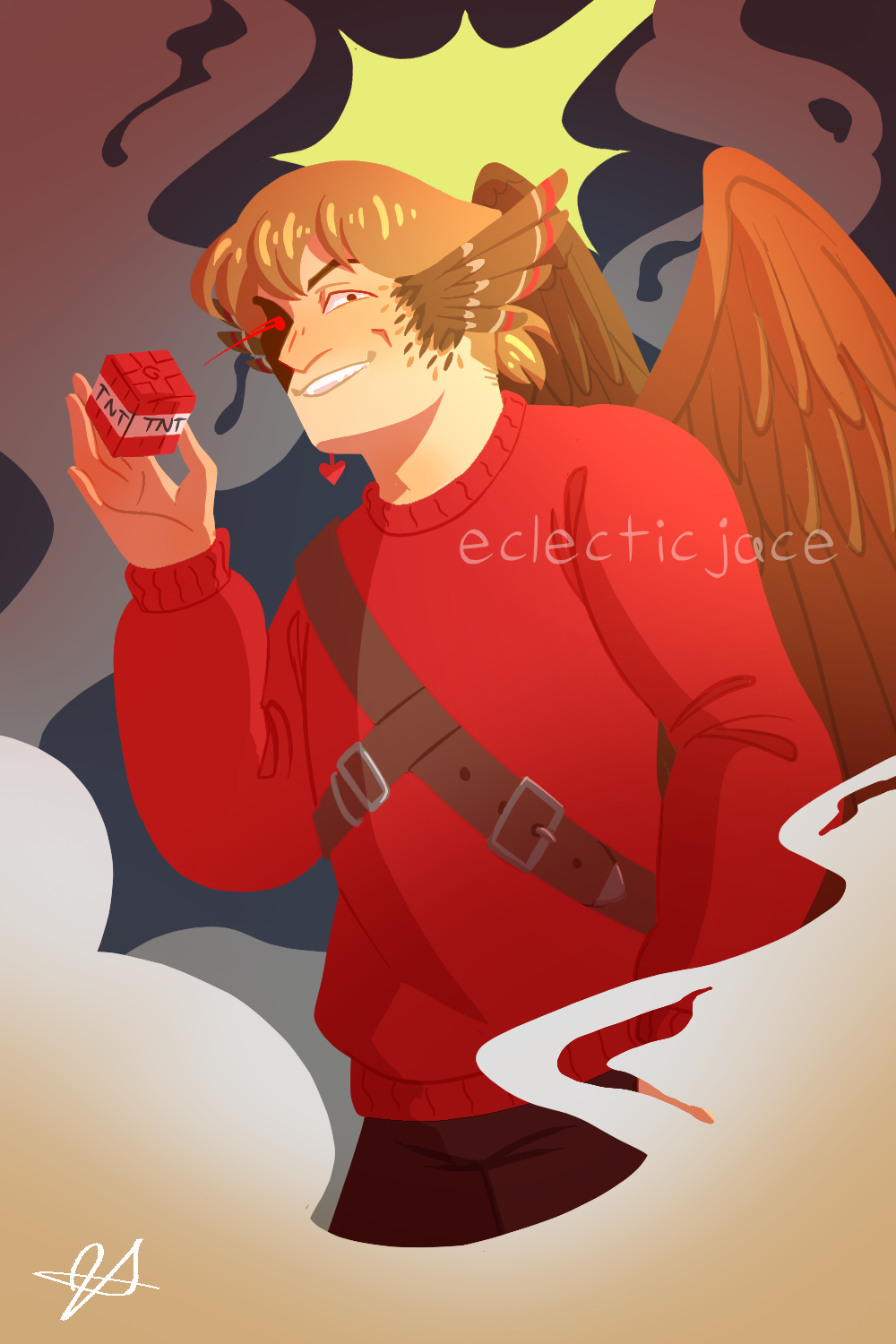 A digital lineless illustration of Grian, a pale man with light brown hair. He has brown feathers with red and white stripes where his ears would be, and brown wings. He is holding a small block of TNT and looking menacingly at the viewer. Smoke curls around and behind him.