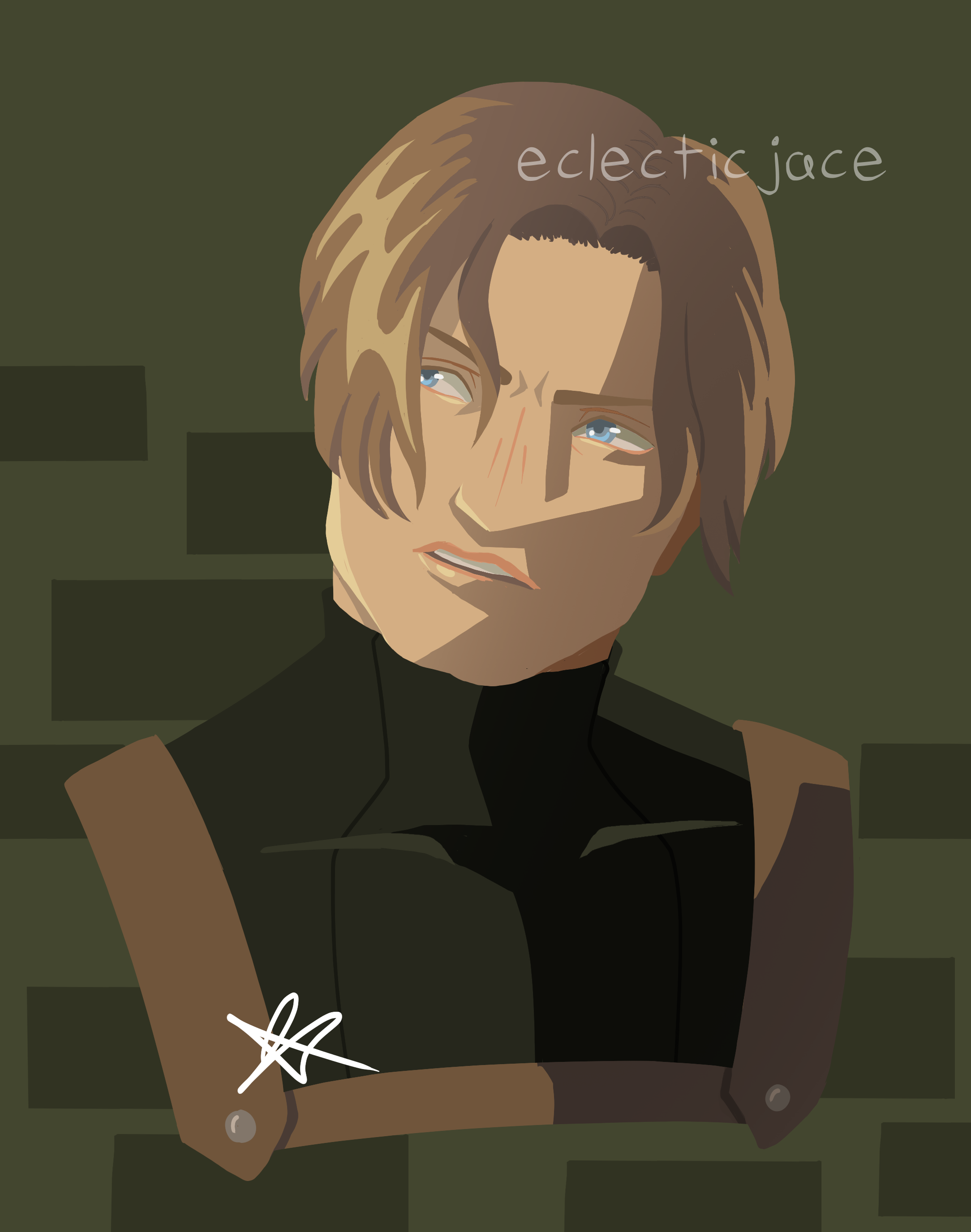 A chest-up lineless digital drawing of Leon from Resident Evil 4. He is looking left and has a guarded aprehensive expression.