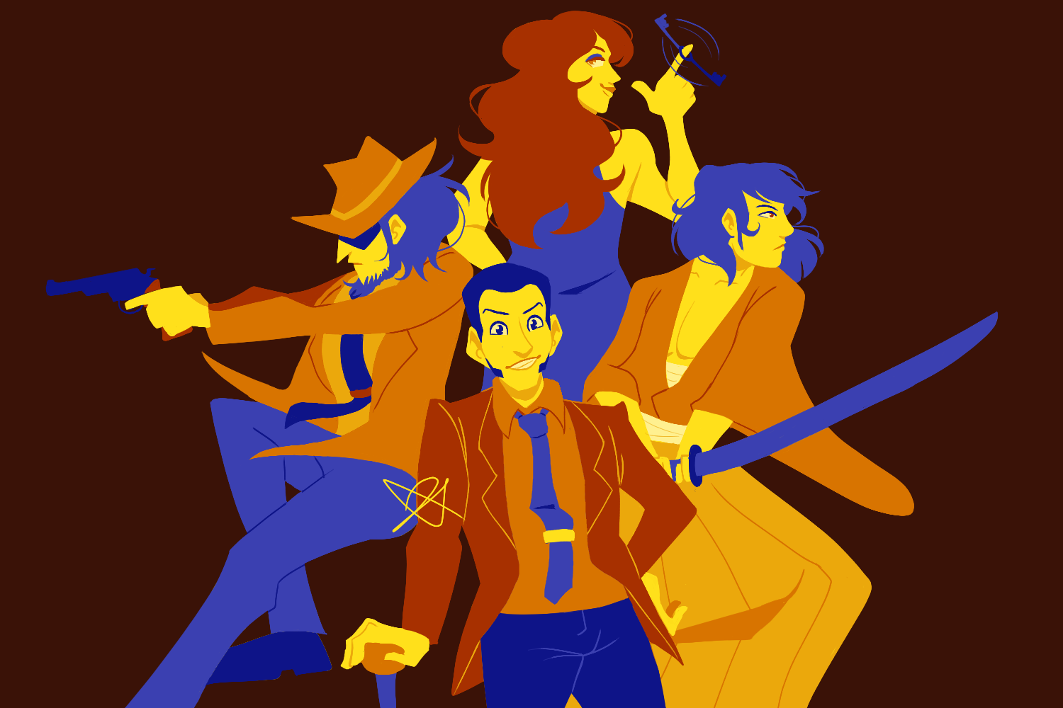 A lineless illustration of Lupin, Jigen, Goemon, and Fujiko from Lupin the Third, in a limited yellow, orange, and blue color palette. Lupin is grinning at the viewer, with Jigen and Gomen pointing their weapons offscreen behind him. Fujiko is behind Jigen and Goemon, looking over her shoulder at the viewer and twirling a key around her finger.