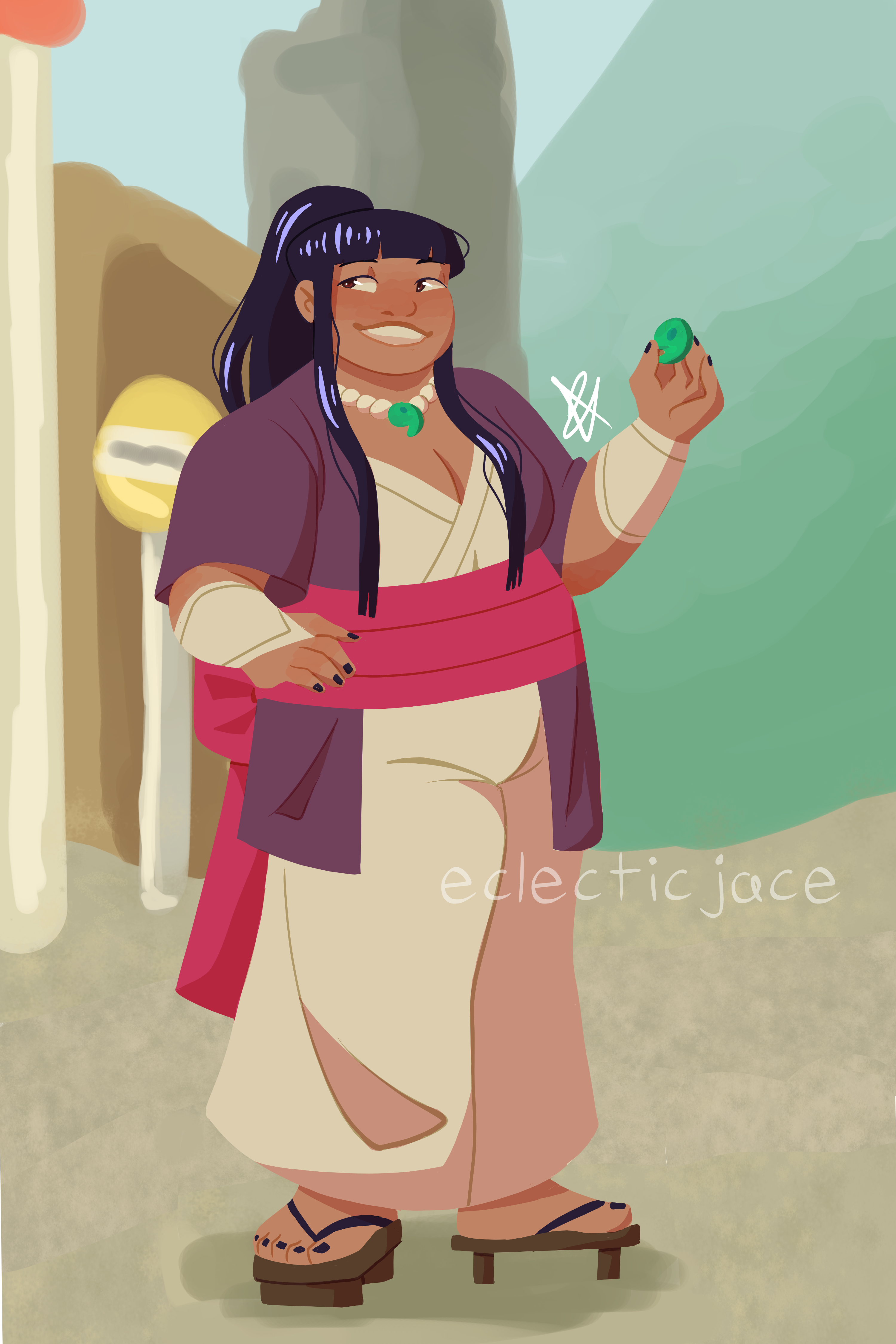 A lineless digital illustration of Maya from Ace Attorney as an adult, standing in Kurain Village, holding a magatama.