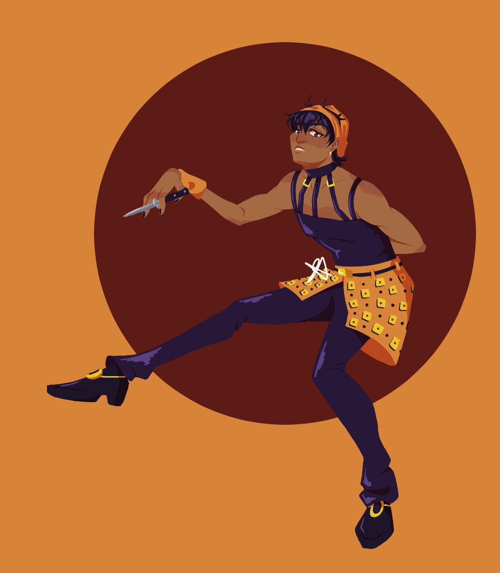 A lineless digital drawing of Narancia from Part 5 of Jojo’s Bizarre Adventure. He is standing with one leg up, one arm behind his back, and the other arm outstreched and holding a knife.