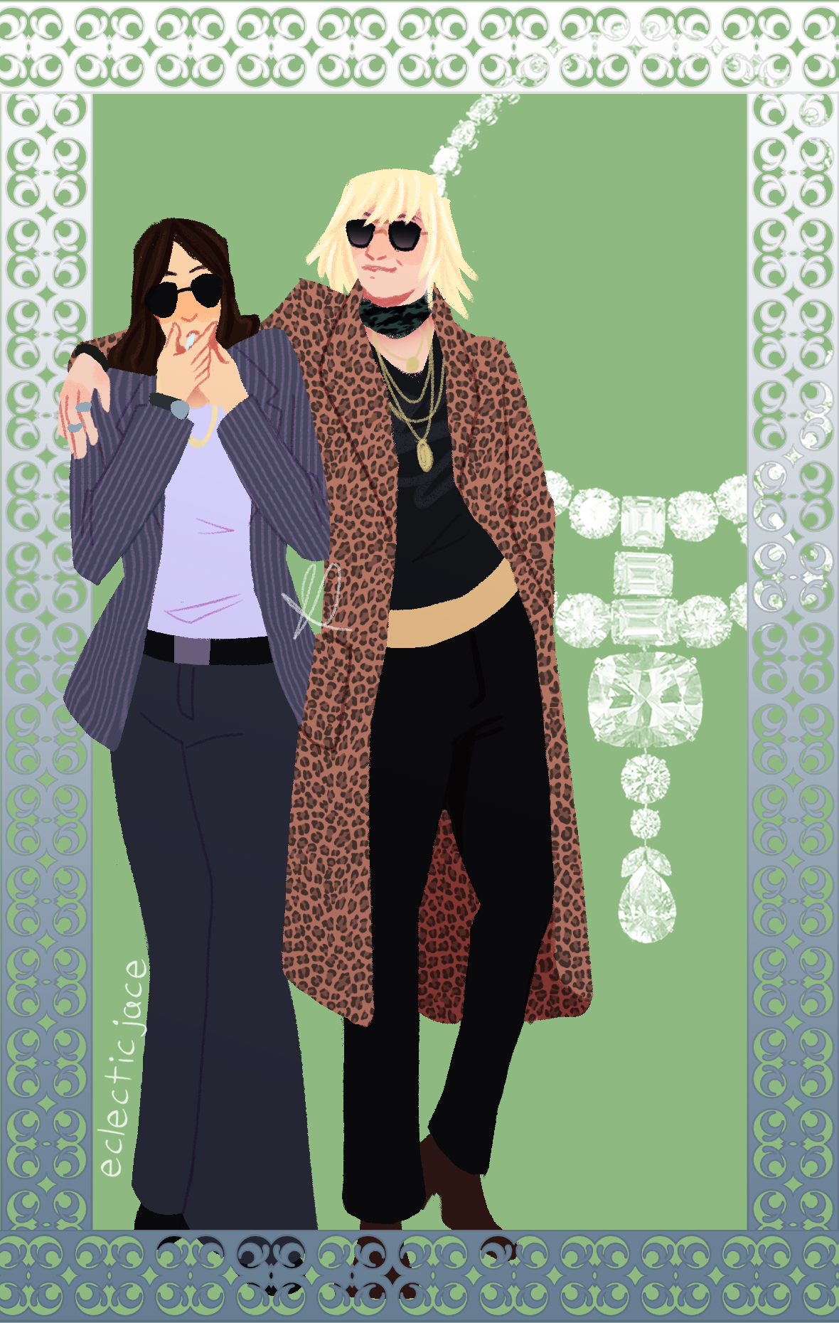 A lineless illustration of Lou and Debbie from Ocean's 8. Debbie is lighting a cigarette and Lou has an arm over her shoulder. The Toussaint necklace is behind them.