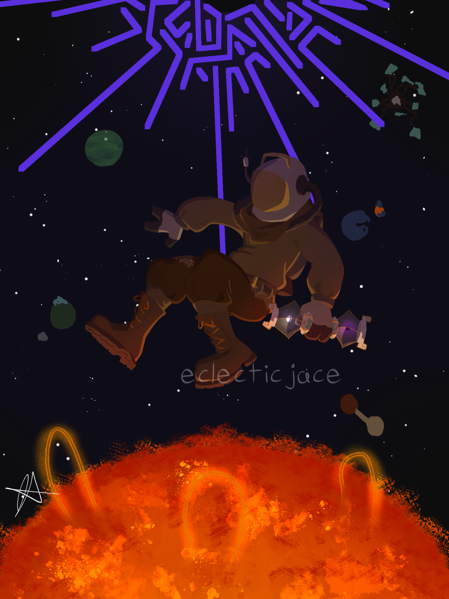 A digital drawing of Hatcling from Outer Wilds, floating in space with the sun below them and the Eye of the Universe above them.