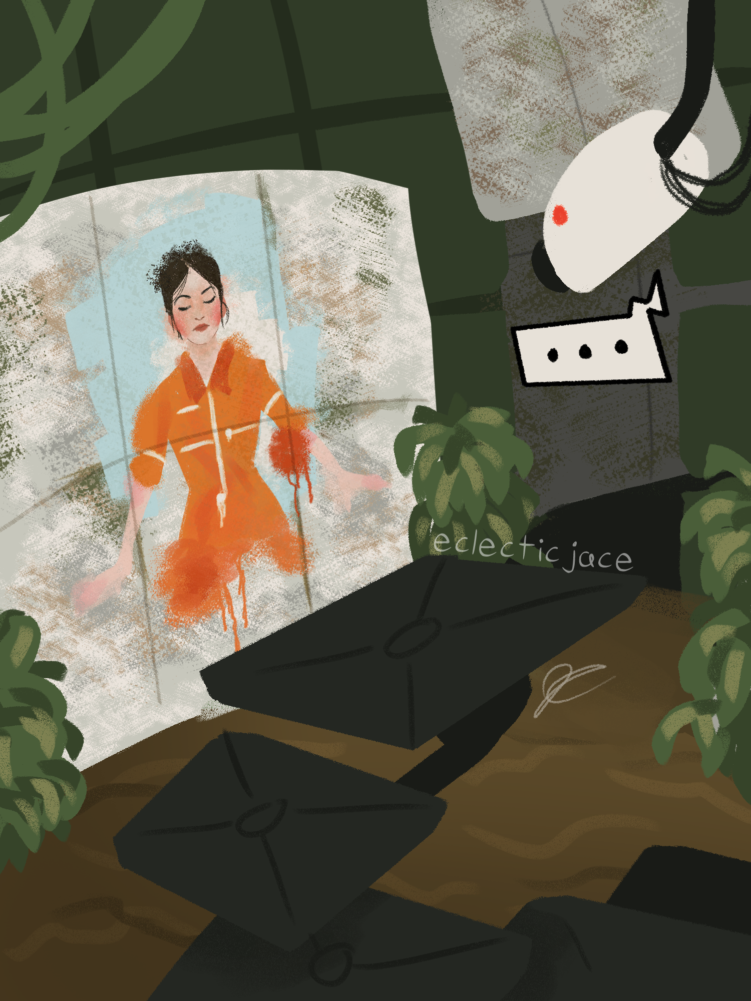 A digital illustration of the large mural room from Portal 2. Glados is using a security camera to look at the mural of Chell.