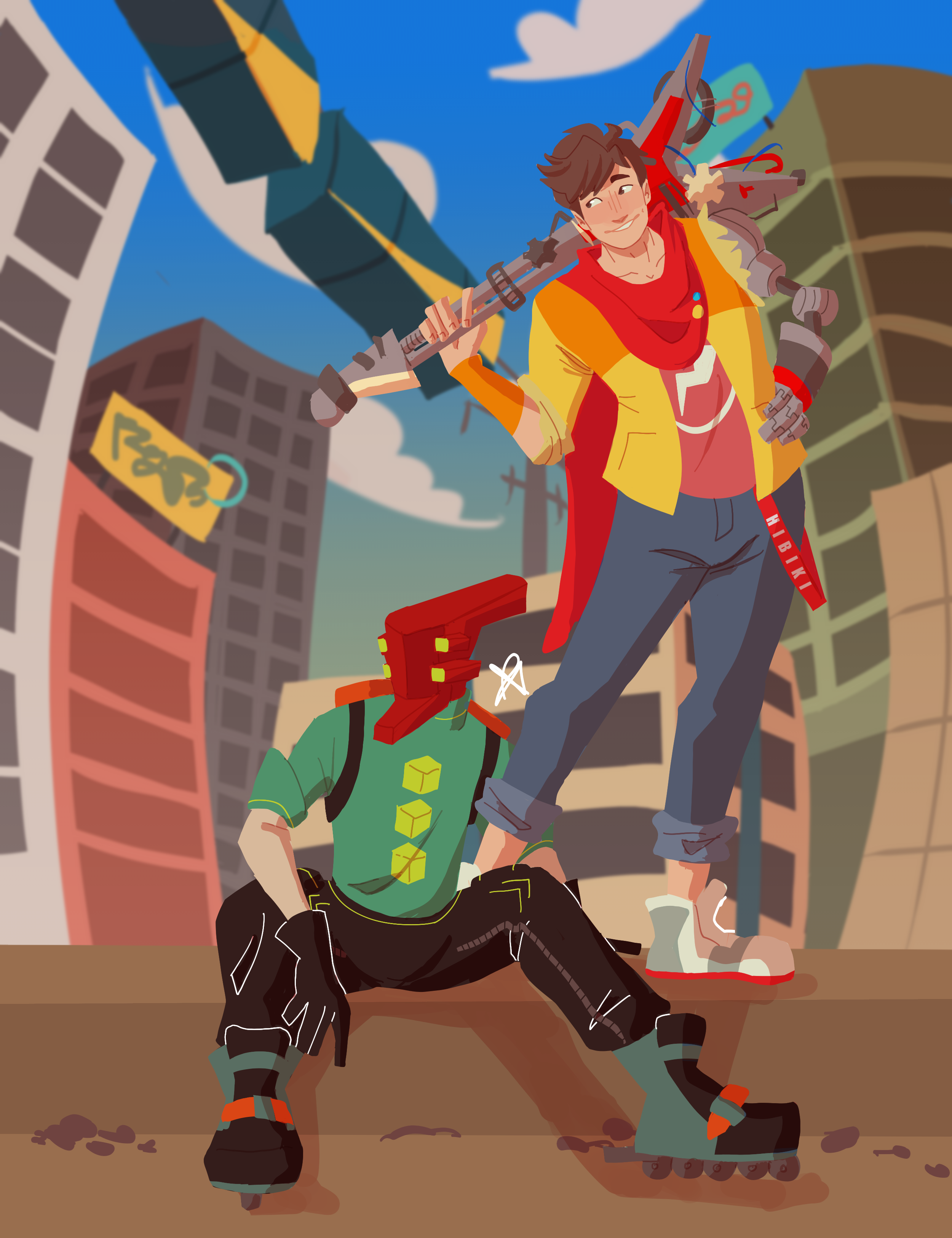 A lineless digital illustration of Chai from Hi-Fi Rush and Red from Bomb Rush Cyberfunk in a colorful cityscape.