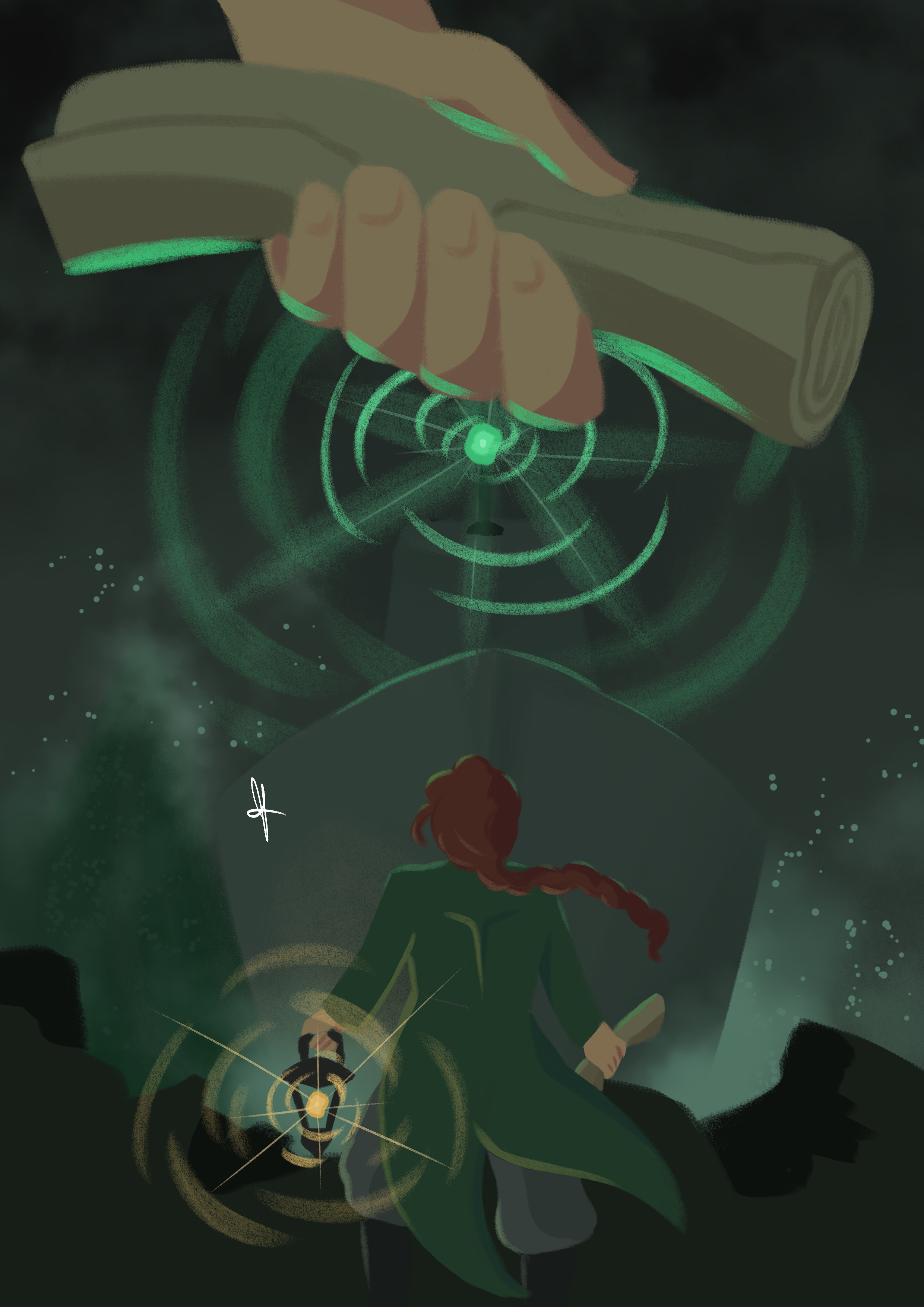 A player character from Sunless Seas. They are wearing a green coat and have a long auburn braid. They have their back to the camera and are holding a lantern while staring up at a large metal ship. A giant hand holds a rolled up map above them.