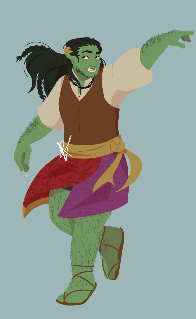 A lineless drawing of Bird, a stocky elf-orc with green skin and long black hair worn loose with a few small braids mixed in. He is wearing an off white shirt and a closed brown leather vest. He has a skirt made of overlapping red and purple fabric, over black shorts, and is wearing sandals. In his hair there is a gold clip, and he has a necklace made of black hair. He is dancing.