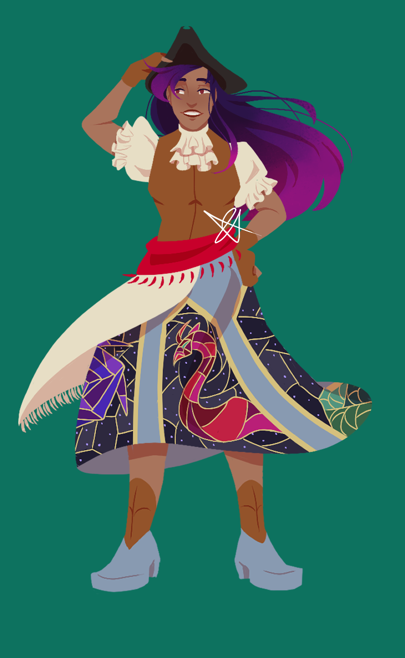 A lineless drawing of Epiphany Day, a tall, thin man with long brown hair tied back in a ponytail. He is wearing a green shirt, beige pants, and brown boots. Around his waist is a leather back brace. He is in partial armor, including knee guards, one shoulder pauldron, and a forearm guard. He is holding a grappling hook in one hand, and flaunting a flintlock pistol in the other.