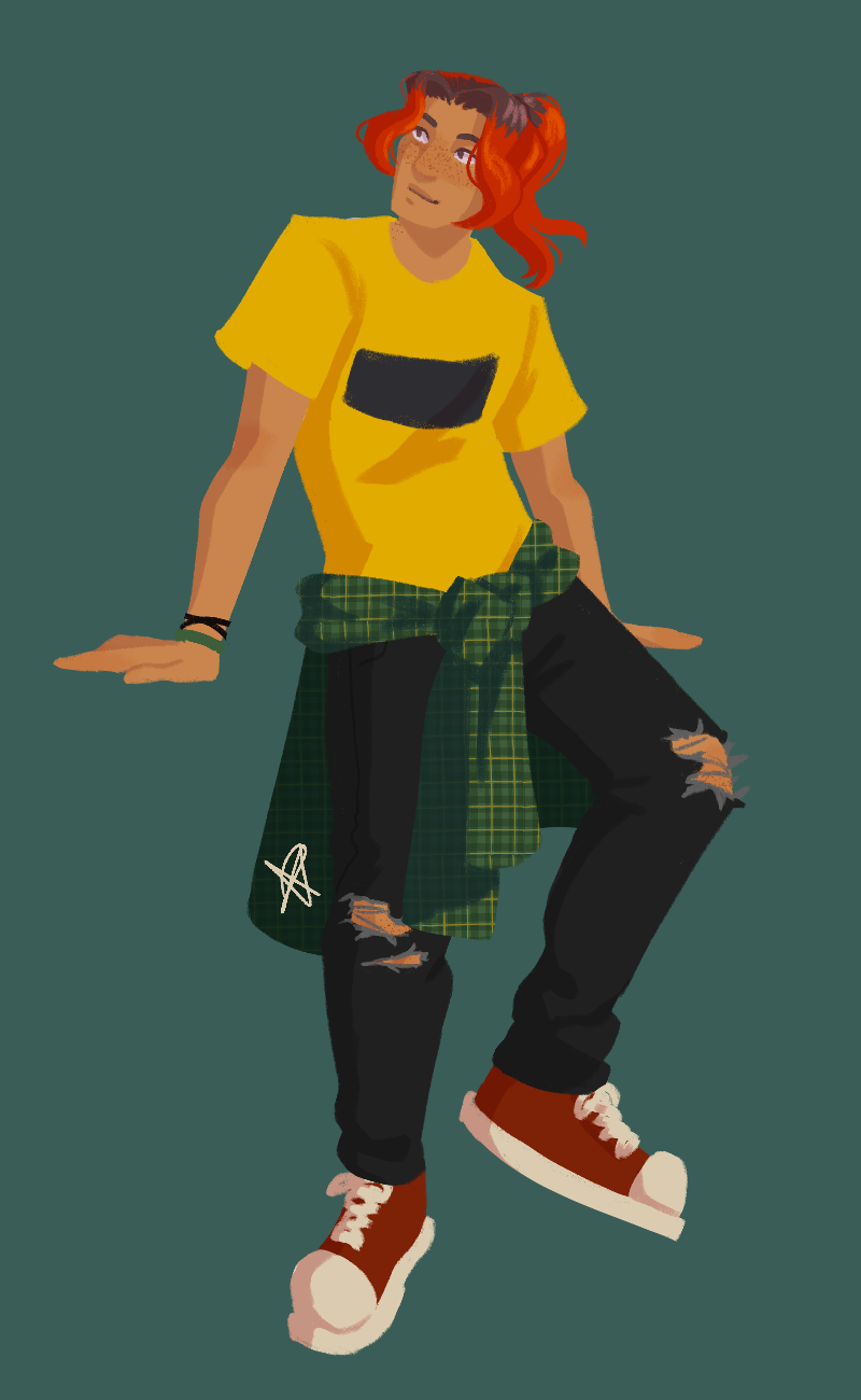 A lineless full-body drawing of Dakota, a latino teen with tan skin and dyed red hair. They are wearing a yellow t shirt with a black rectangle on the front, black jeans ripped at the knees, and maroon canvas shoes. They have a green plaid flannel tied around their waist.