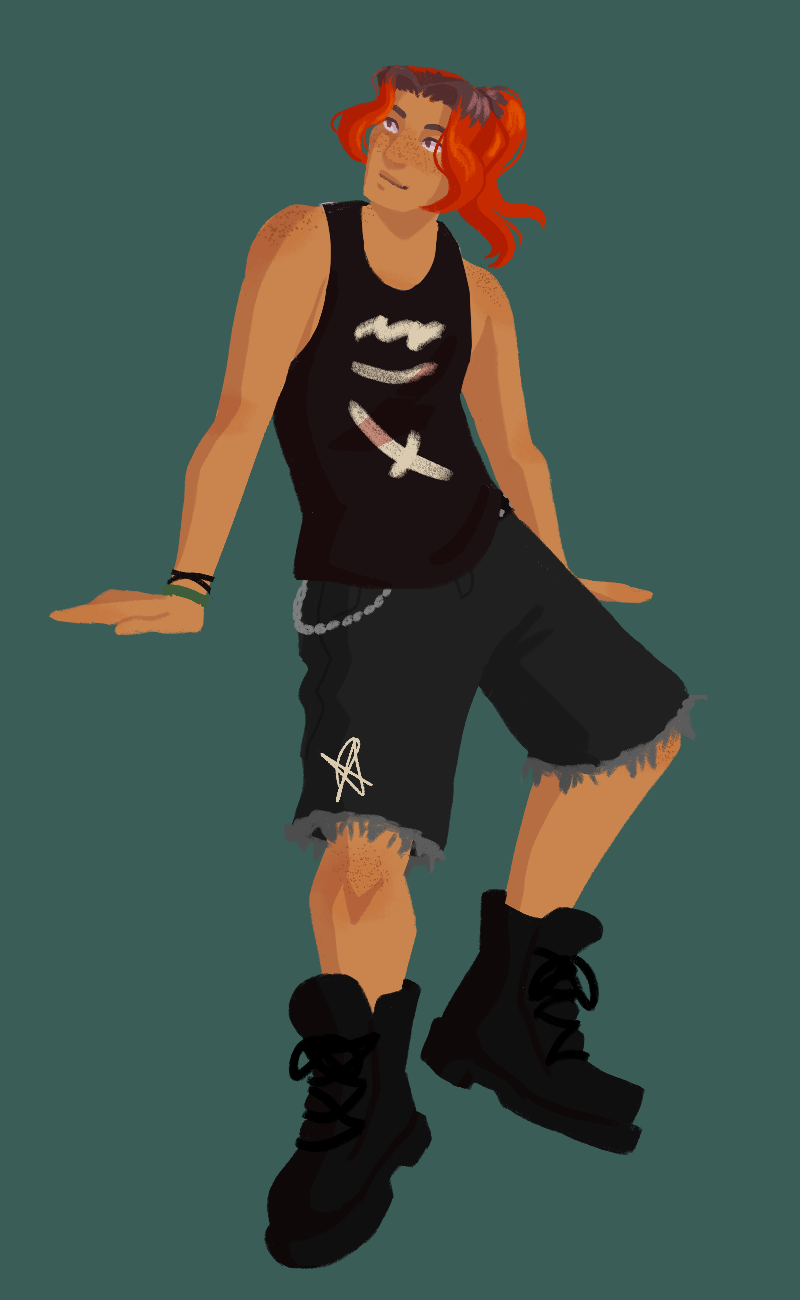 A lineless full-body drawing of Dakota, a latino teen with tan skin and dyed red hair. They are wearing a black tanktop with a white graphic design, black cutoff shorts, and black combat boots.