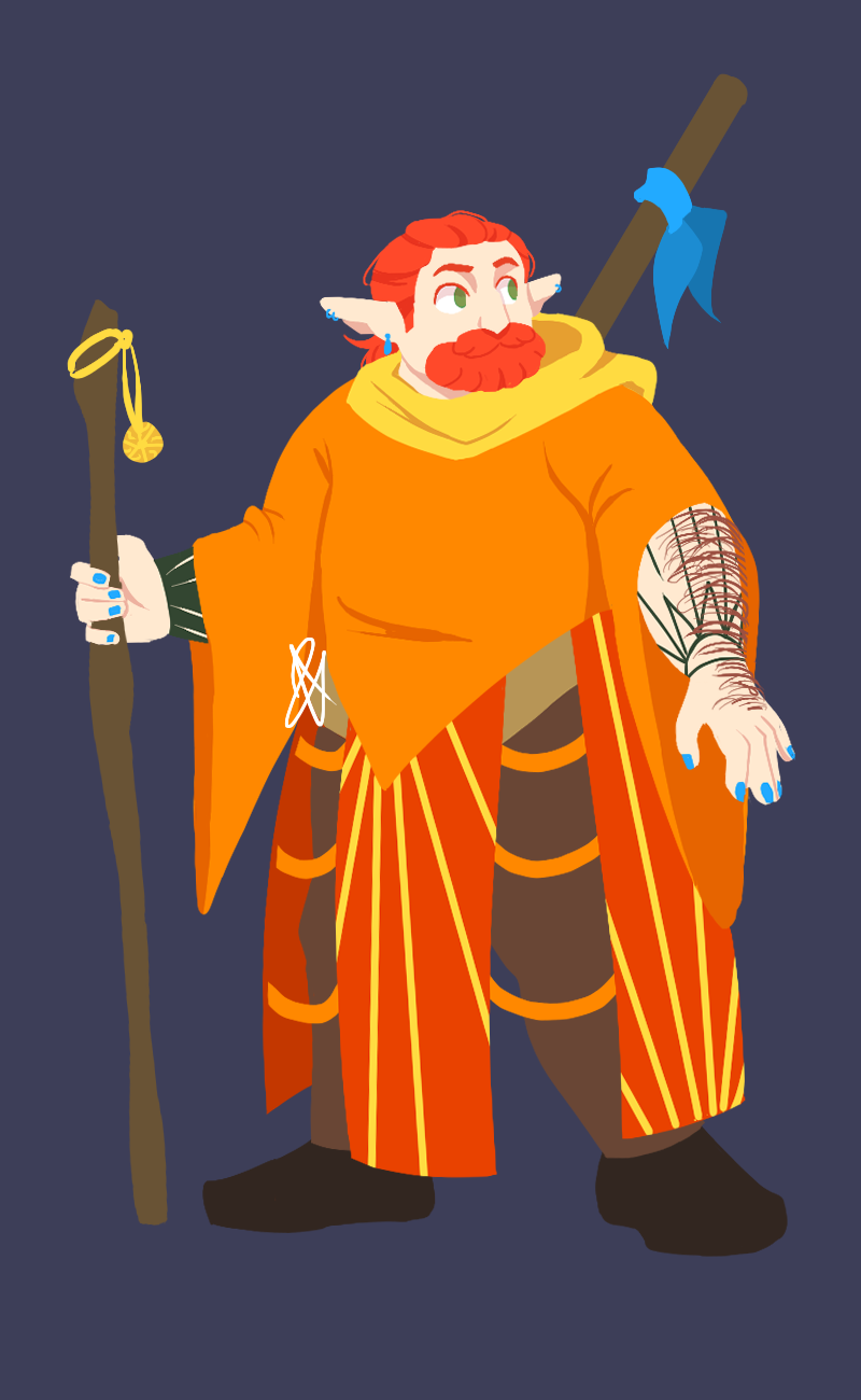 A lineless drawing of Delilah, a short, heavy, bearded elven man with red shoulder length hair pushed back from his face. He is dressed in cleric robes of varying shades of orange, and has tattoos of sun rays on both arms, and blue nail polish. He is holding a magic staff with an amulet tied to it in one hand, and he has a quarterstaff with a blue handkerchief tied to one end on his back.