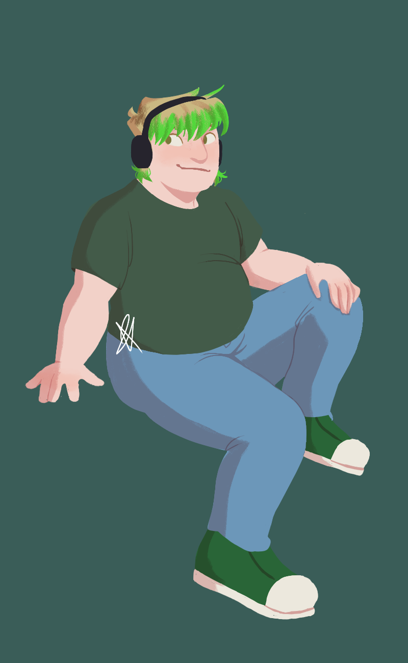 A lineless drawing of Dylan, a pale, heavy 16 year old with short hair dyed green. He is wearing a green t shirt, jeans, green canvas shoes, and black headphones.