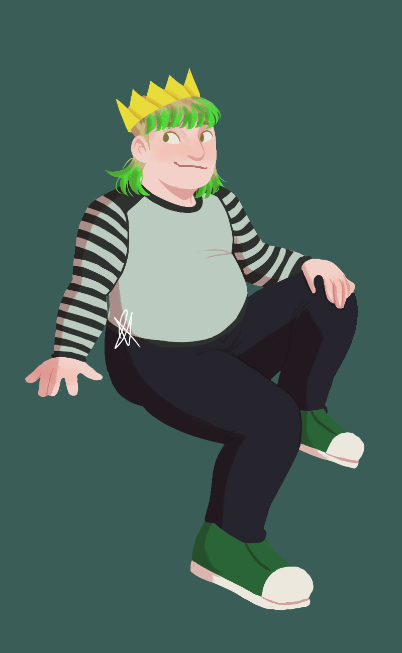 A lineless drawing of Dylan, a pale, heavy 16 year old with shoulder length hair dyed green. He is wearing a black and white striped long sleeve shirt, black jeans, green canvas shoes, and a yellow paper crown.