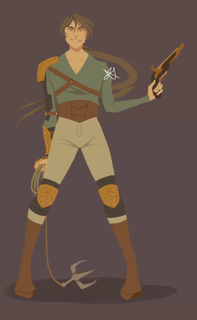 A lineless drawing of Epiphany Day, a tall, thin man with long brown hair tied back in a ponytail. He is wearing a green shirt, beige pants, and brown boots. Around his waist is a leather back brace. He is in partial armor, including knee guards, one shoulder pauldron, and a forearm guard. He is holding a grappling hook in one hand, and flaunting a flintlock pistol in the other.