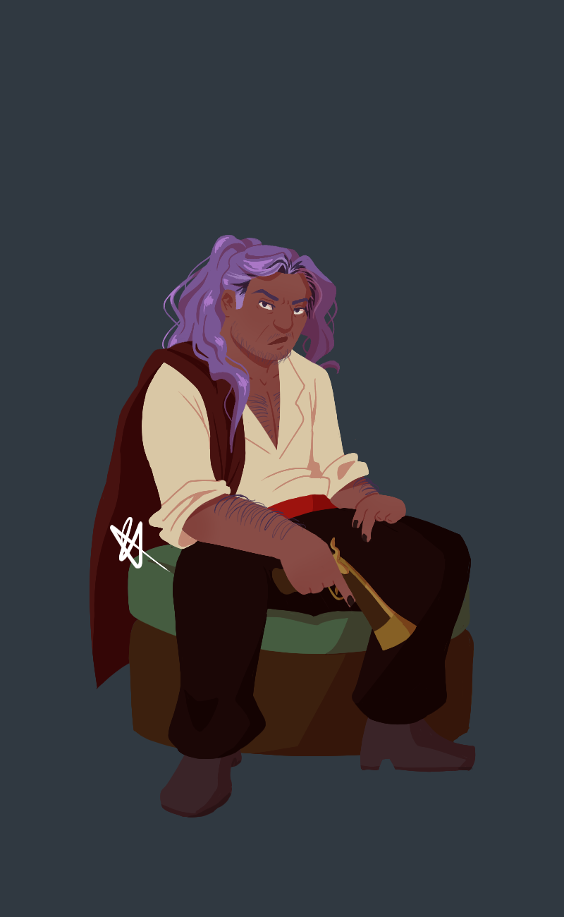 A lineless drawing of Glass, a stocky person of average height, with long purple hair tied up and reddish-brown skin. They are sitting on a wooden ottoman with a green cushion, in a white shirt, black pants, and brown boots. They are holding a blunderbuss and their dark red coat is slung over their shoulder. They are missing their ring finger and pinky on their left hand.