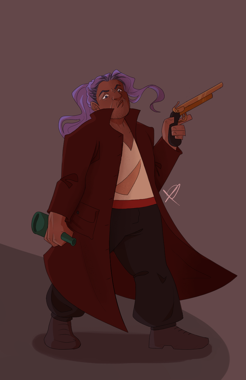 A lined drawing of Glass, a short pirate with long purple hair tied back into a ponytail, and a long brown coat. They are holding a flintlock and a green bottle.