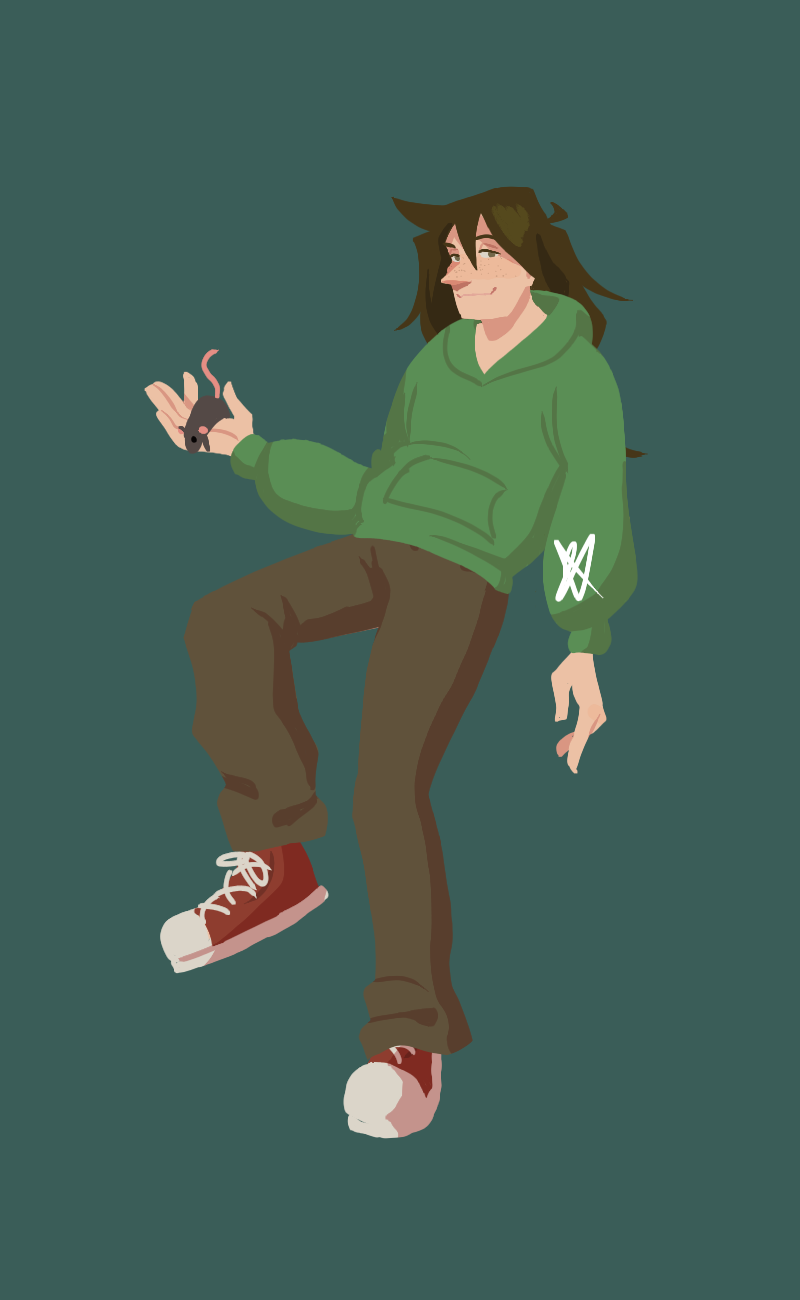 A lineless drawing of Haystack, a pale teen girl with freckles and messy brown hair tied up in a ponytail. She is wearing a green hoodie, brown pants, and red sneakers. She is holding a rat in one hand.