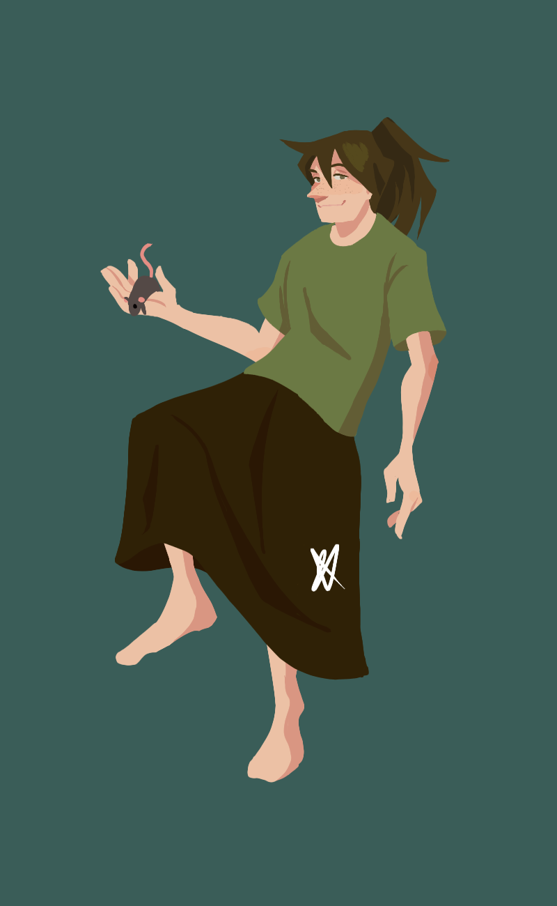 A lineless drawing of Haystack, a pale teen girl with freckles and messy brown hair tied up in a ponytail. She is wearing an olive green t shirt and a long dark skirt. She is barefoot, and holding a rat in one hand.