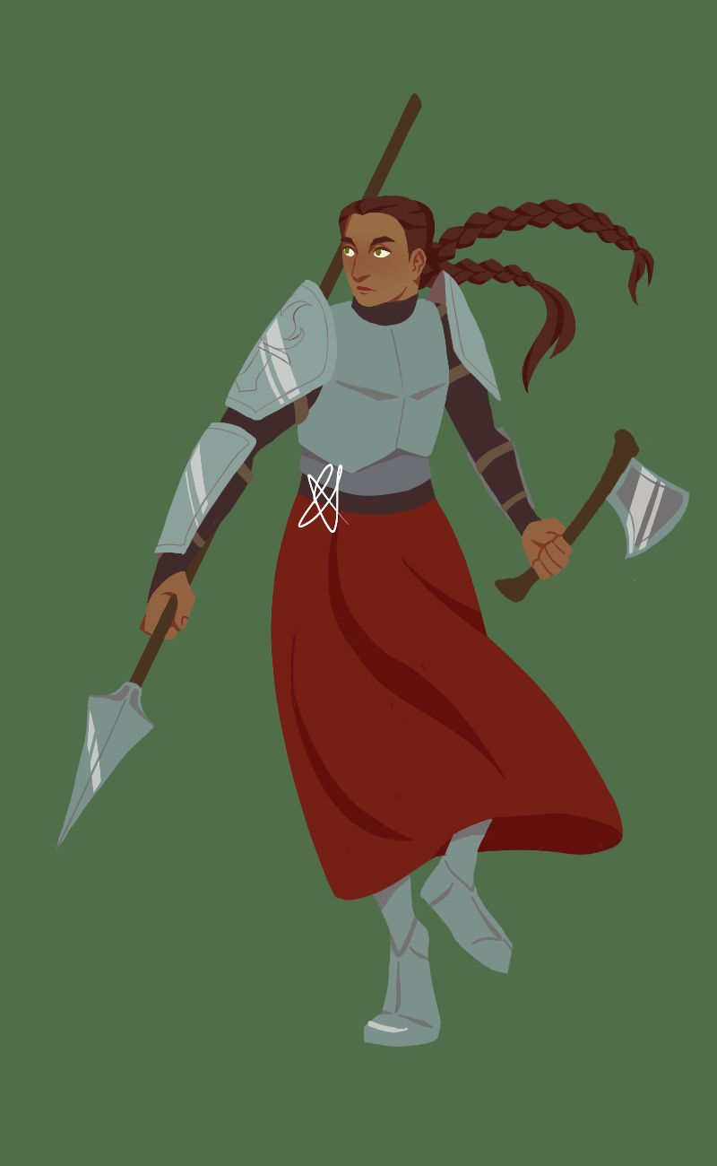 A lineless drawing of a human woman with tan skin and long auburn hair tied back into two braids. She is wearing plate armor on her torso and arms over a long sleeve black shirt. She is wearing a long red skirt over her leg armor. She is holding a lance and a hand axe