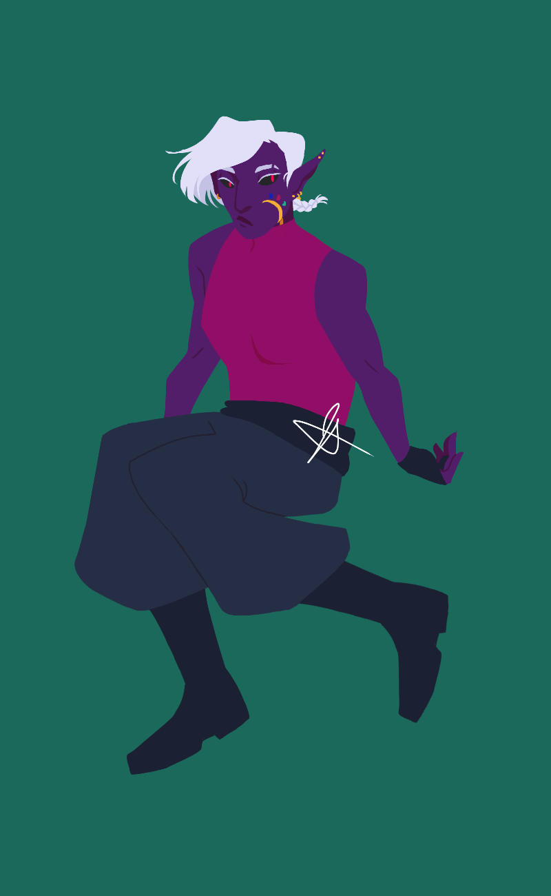 A lineless drawing of Krall, a thin drow woman with purple skin and white hair. She is dressed in a magenta sleeveless turtleneck and dark navy pants, with a black belt and boots. She has a fingerless glove on one hand. Her hair is short and parted to the side, with a small braid behind her left ear. She has a gold tattoo that curls up her face like a vine, with small blue, pink, and green accents. She has several ear piercings, and a cut in one eyebrow.