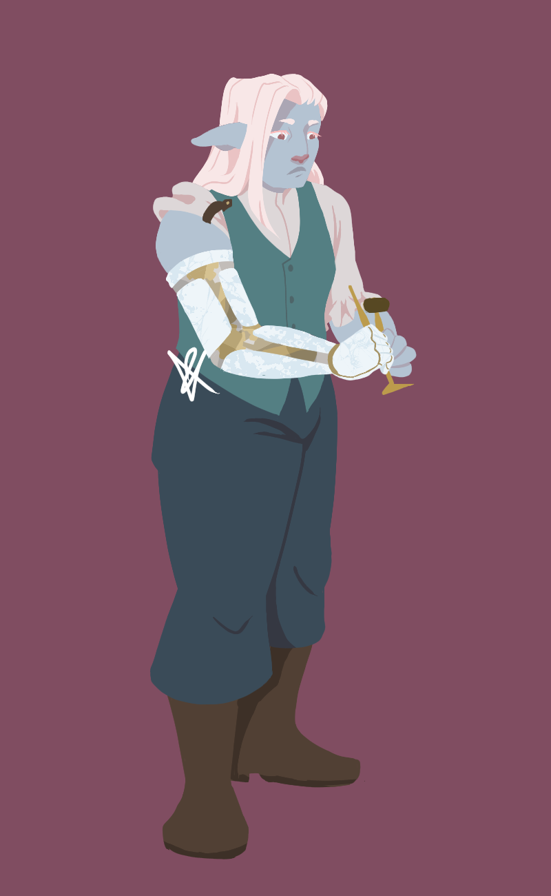 A lineless drawing of Lenore, a tall, firbolg woman with an athletic build. She has blue-grey fur, long white hair, and a prosthetic arm made from what resembles marble plates and glass, with gears on the inside. She is wearing a teal waistcoat over a white dress shirt, navy trousers, and brown boots. She is holding small metalworking tools in front if her, as if crafting something