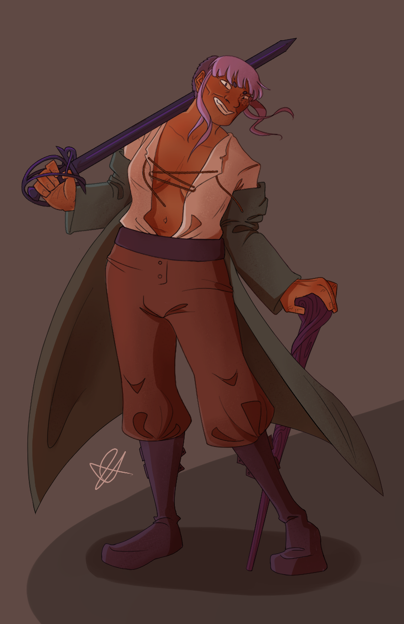 A lined drawing of Lorelei, a tall pirate with a purple chelsea cut and a long green coat. They are holding a sword and a cane.