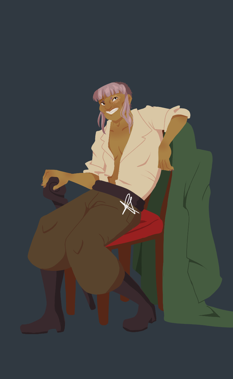 A lineless drawing of Lorelei, a medium tan middle aged person of bony build, with a purple chelsea cut. They are wearing a white dress shirt, open to the waist, brown pants, and black boots. They are sitting on a red cushioned chair with their elbow up on top of the back of the chair. They have a cane in their other hand. A long green overcoat is draped over the back of the chair.