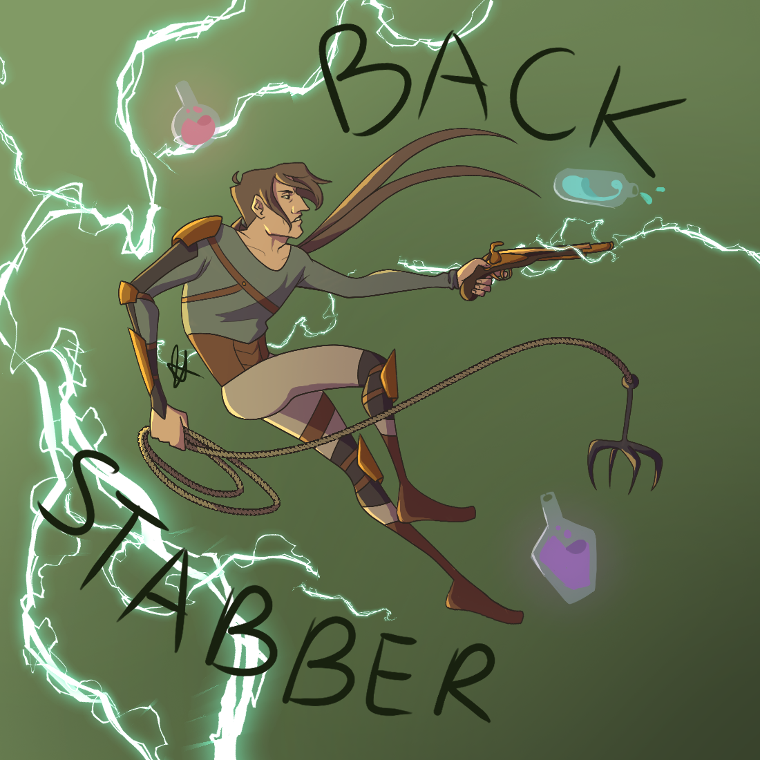 A lined drawing of Epiphany Day, a tall thin man with long brown hair tied back into a ponytail. He is shooting a flintlock pistol and has a grappling hook in his other hand. He is surrounded by various potion bottles and lightning.